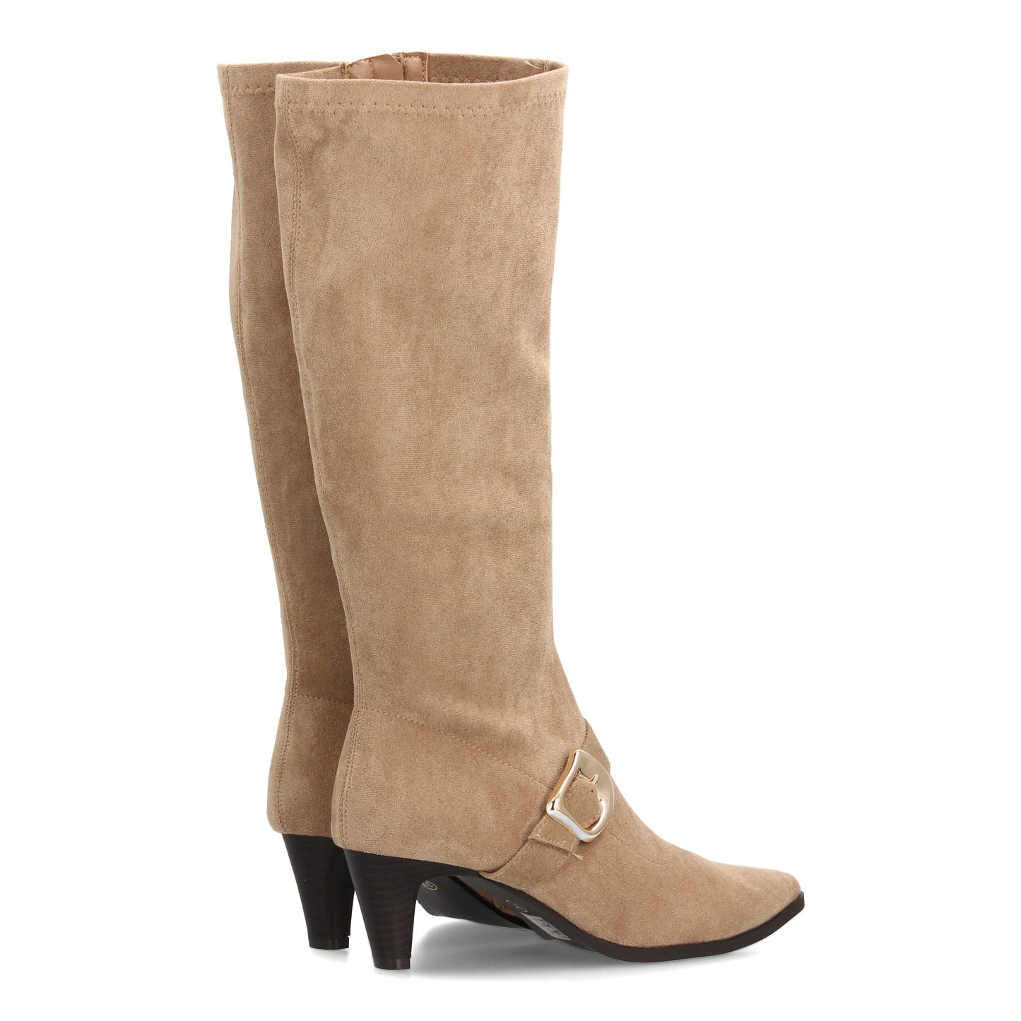 Bota alta para mujer con punta fina y tacón estampado liso elegante. Hebil