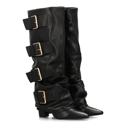 Botas altas para mujer con hebillas y efecto de forro. Punta fina y tacón comodo