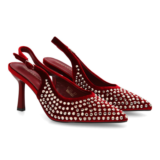 Zapatos de salón elegante con punta fina y pedreria  tacon fino y cierre de hebi