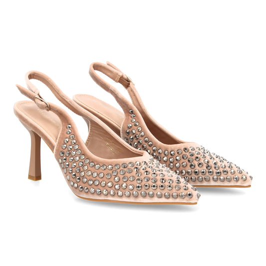 Zapatos de salón elegante con punta fina y pedreria  tacon fino y cierre de hebi