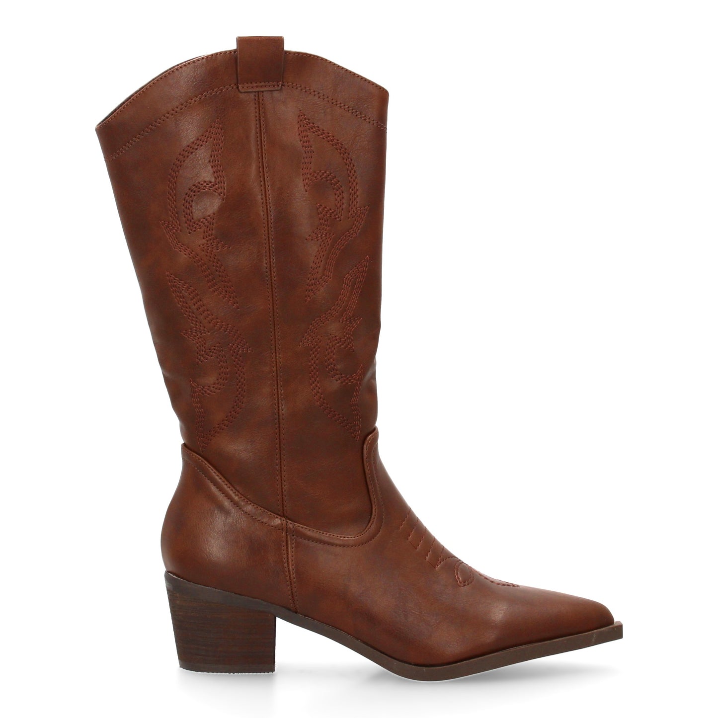 Bota cowboy de caña alta con bordados laterales. Punta fina y tacón ancho ´cómod