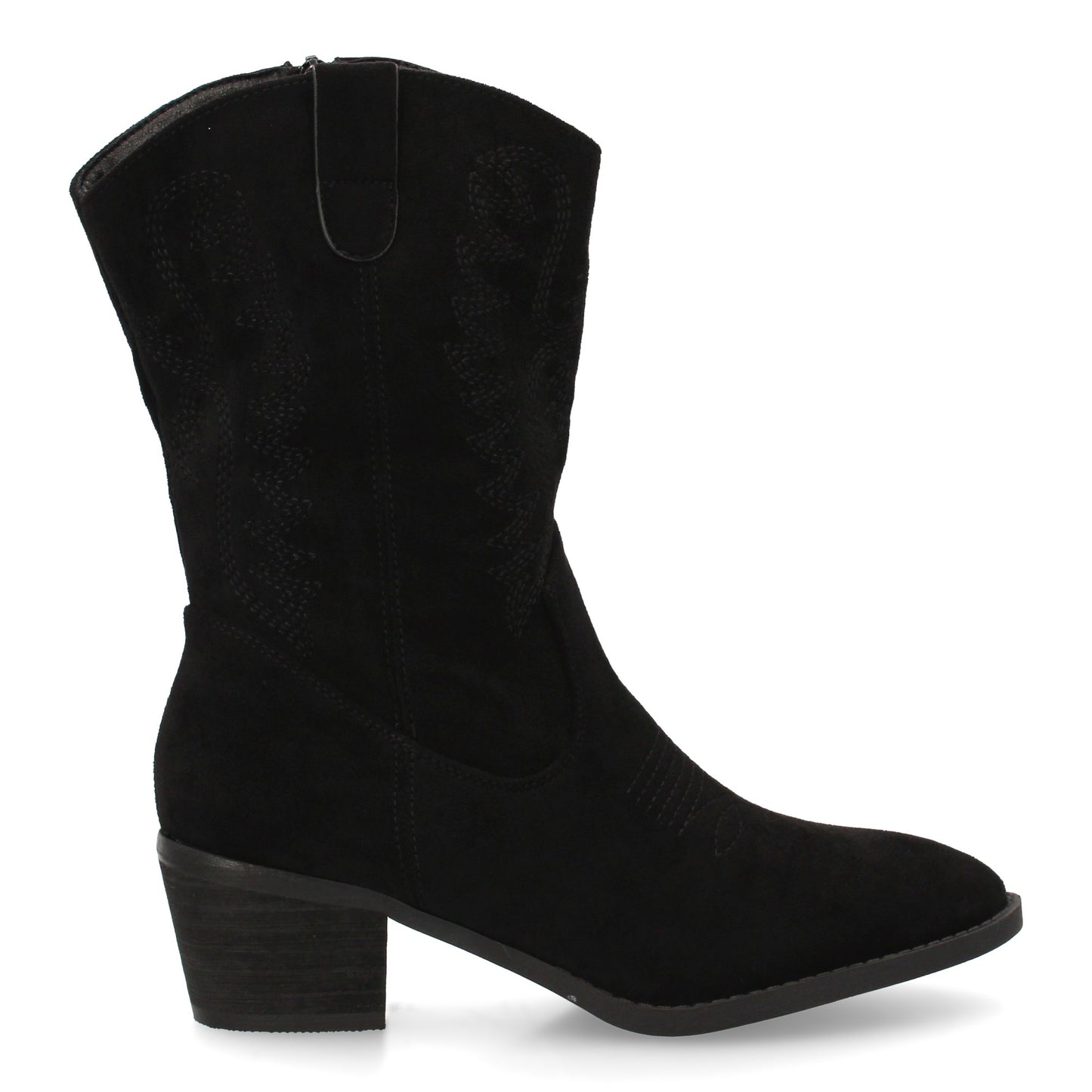 Bota cowboy de caña media con bordados frontales y laterales punta fina. tacón