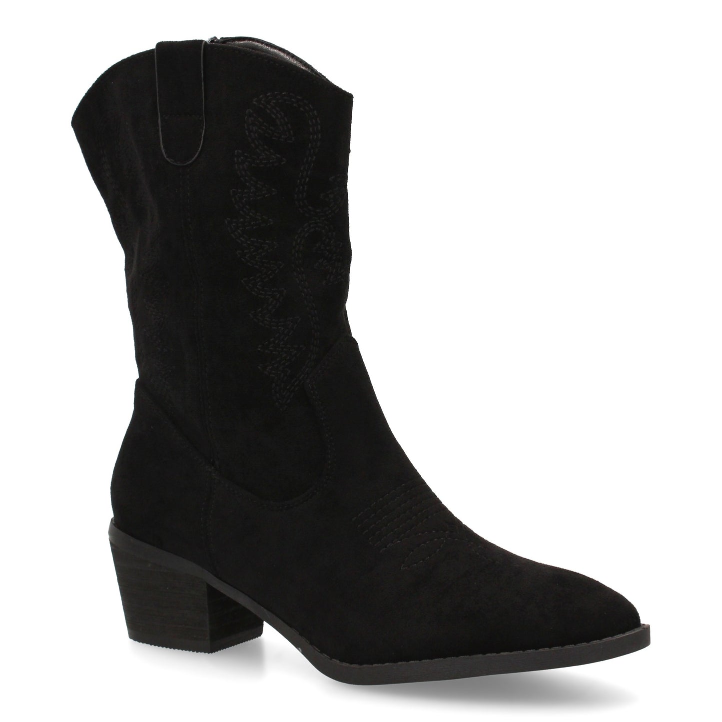 Bota cowboy de caña media con bordados frontales y laterales punta fina. tacón