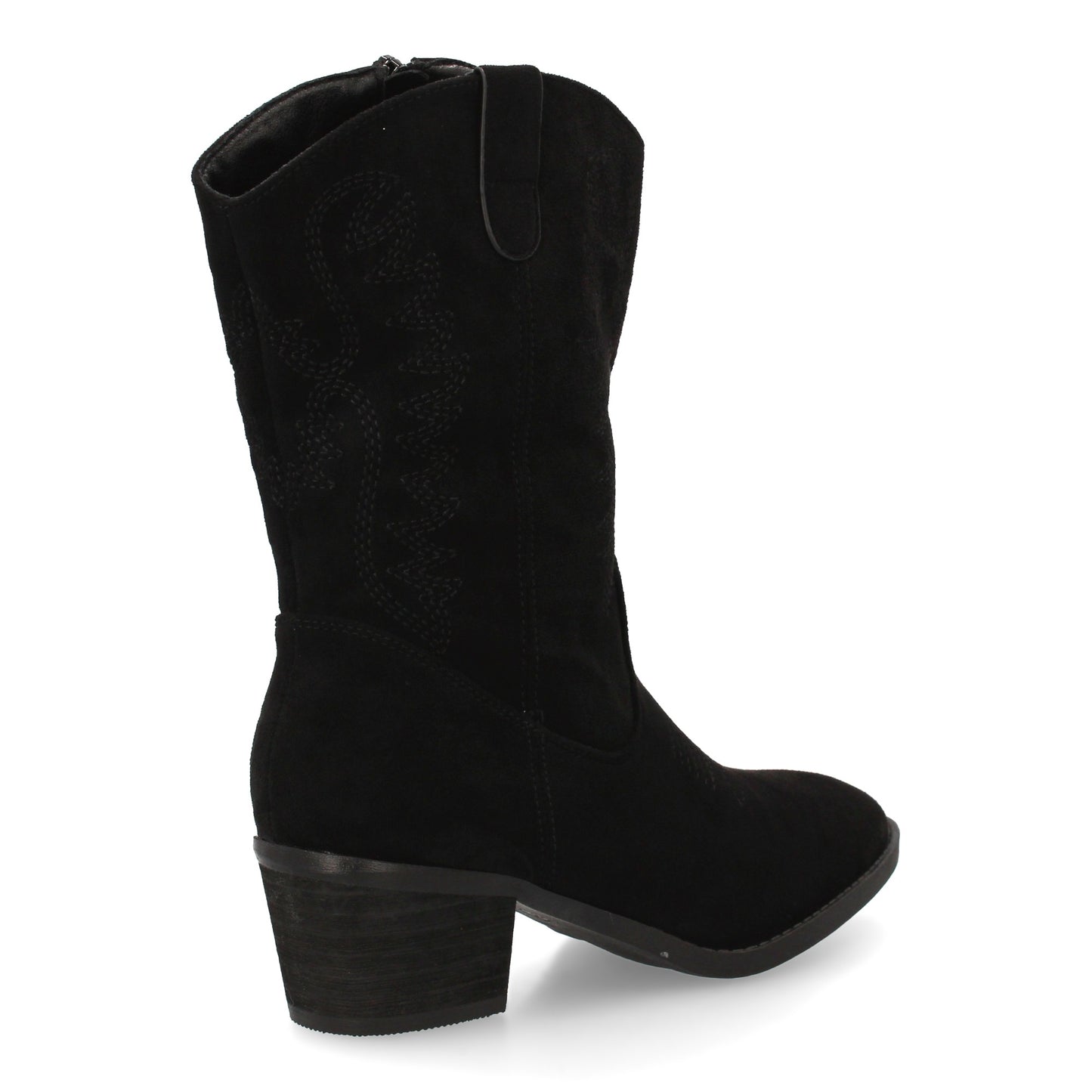 Bota cowboy de caña media con bordados frontales y laterales punta fina. tacón