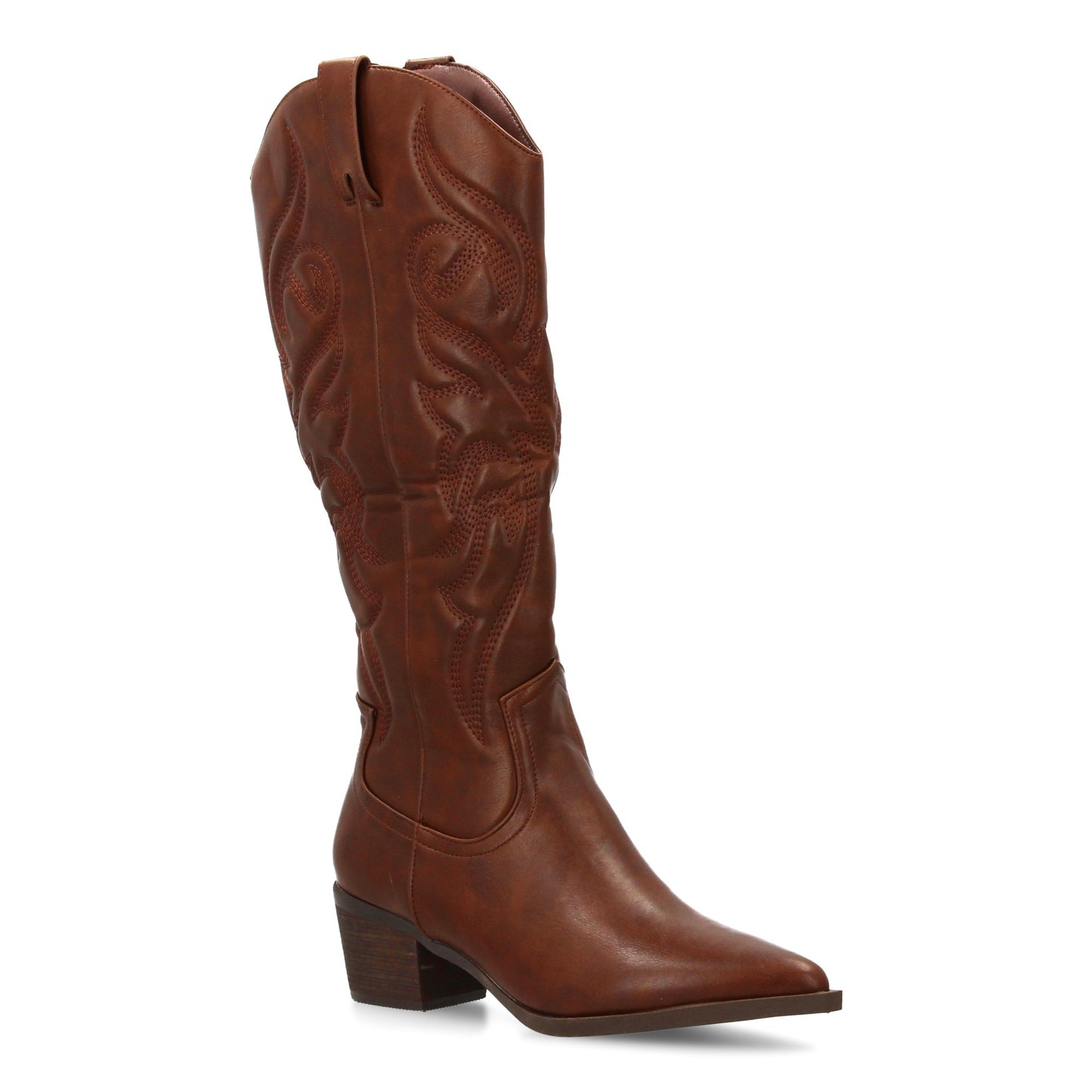 Bota cowboy de caña alta con bordados decorativos y punta fina. tacón ancho ´cóm