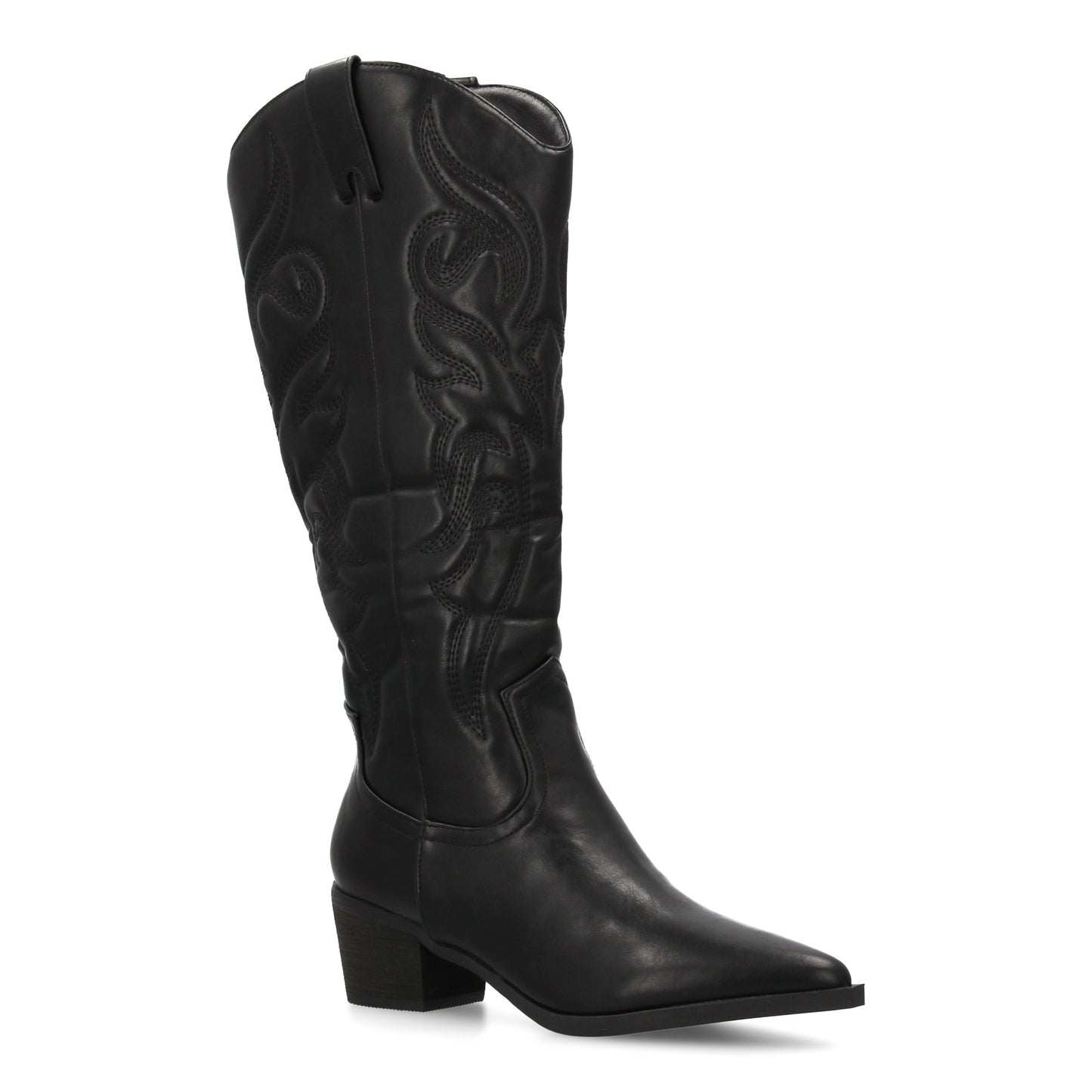 Bota cowboy de caña alta con bordados decorativos y punta fina. tacón ancho ´cóm