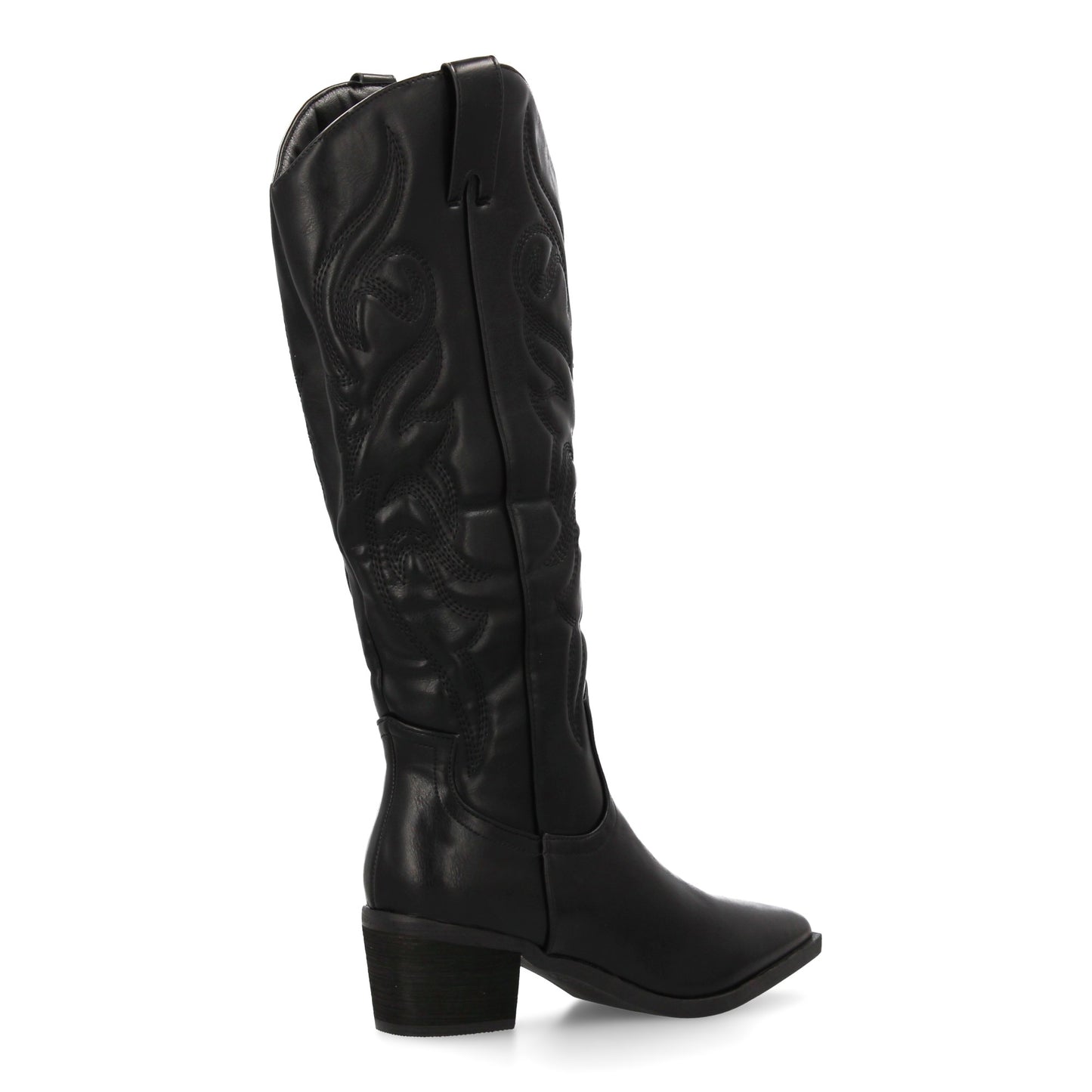 Bota cowboy de caña alta con bordados decorativos y punta fina. tacón ancho ´cóm