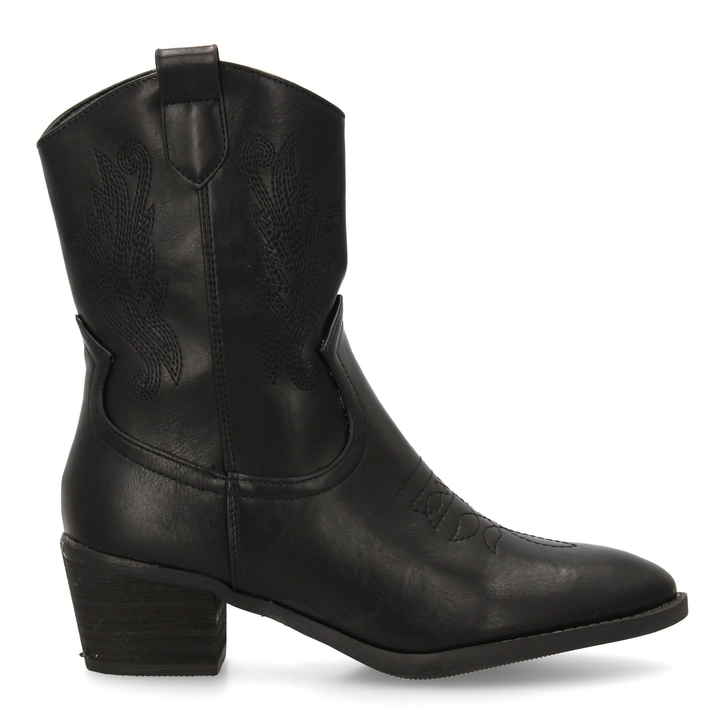 Bota cowboy de caña media con bordados laterales y punta fina. tacón ancho comod