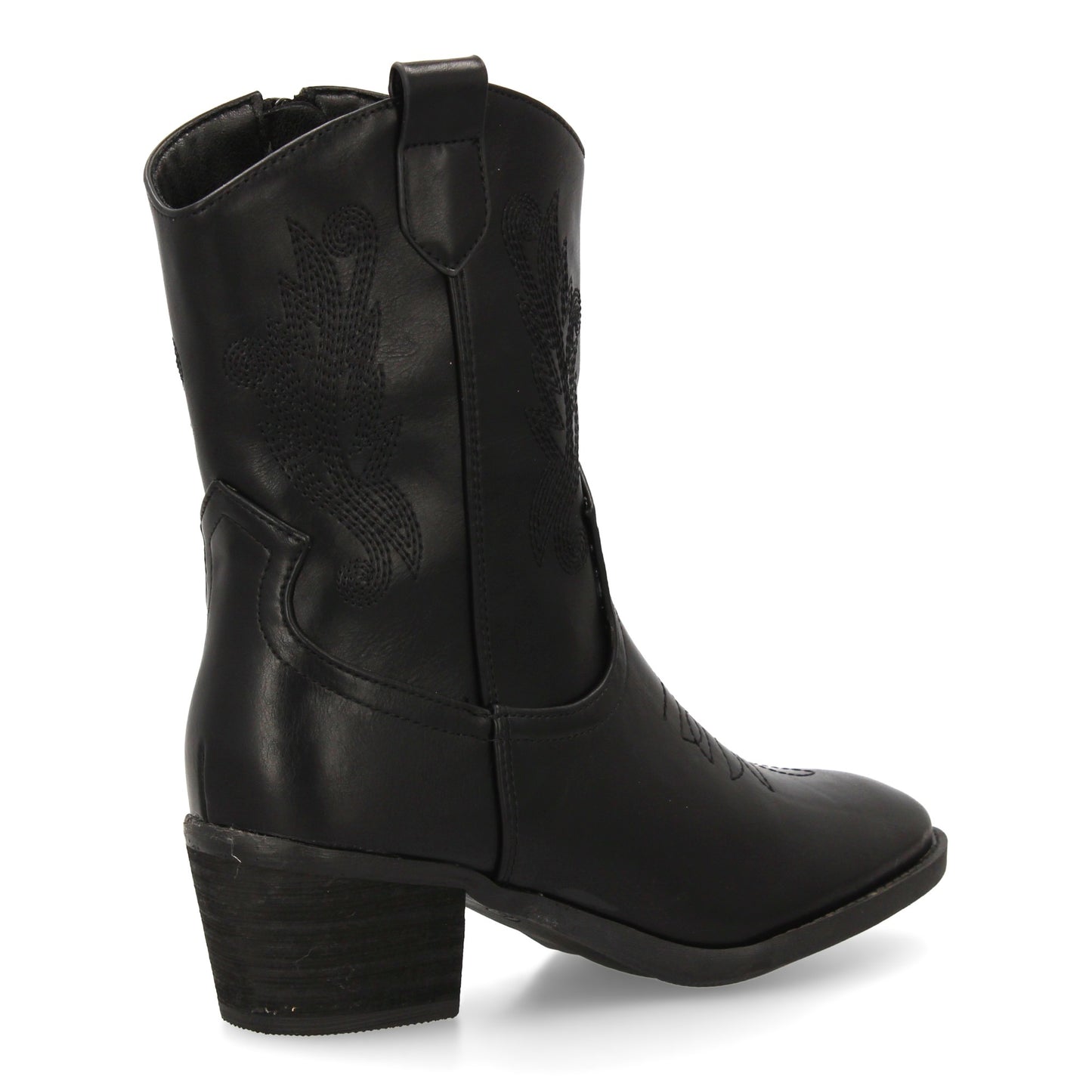 Bota cowboy de caña media con bordados laterales y punta fina. tacón ancho comod