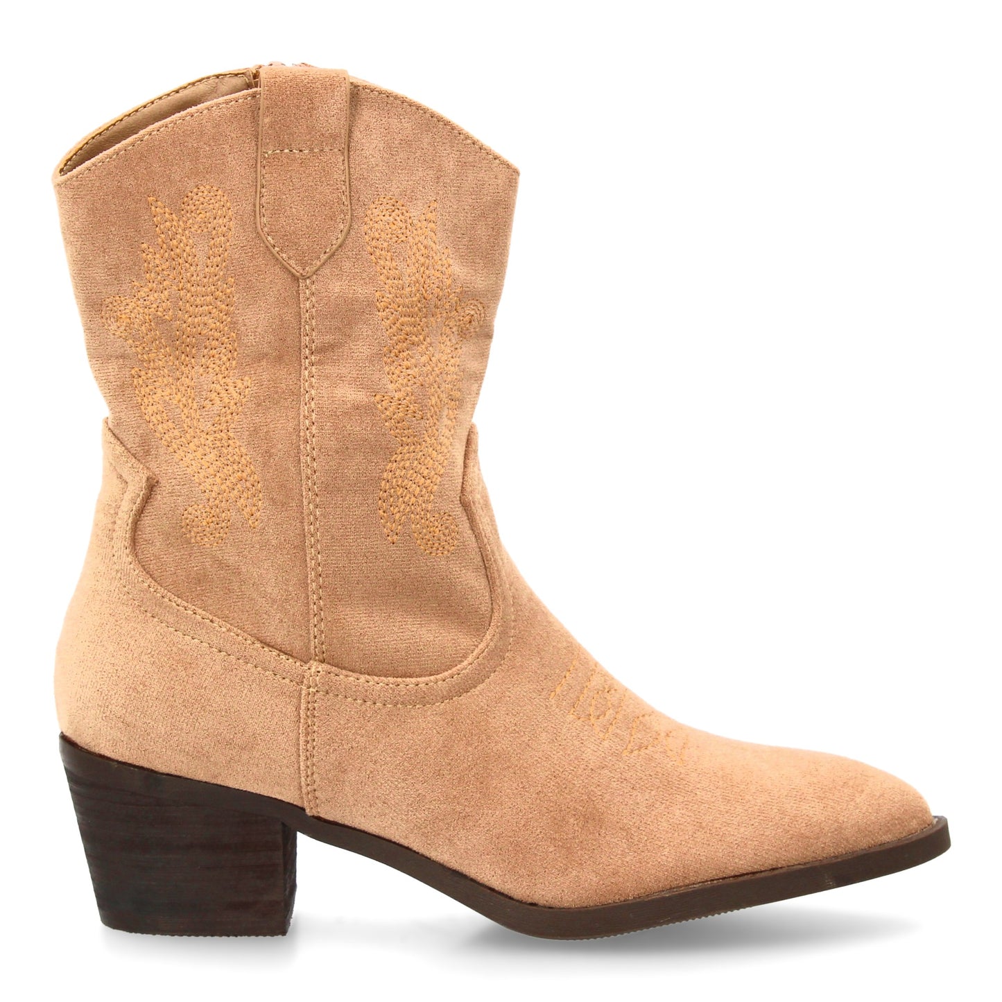 Bota cowboy de caña media con bordados laterales y punta fina. tacón ancho comod