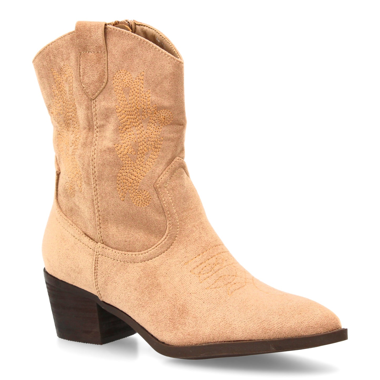 Bota cowboy de caña media con bordados laterales y punta fina. tacón ancho comod