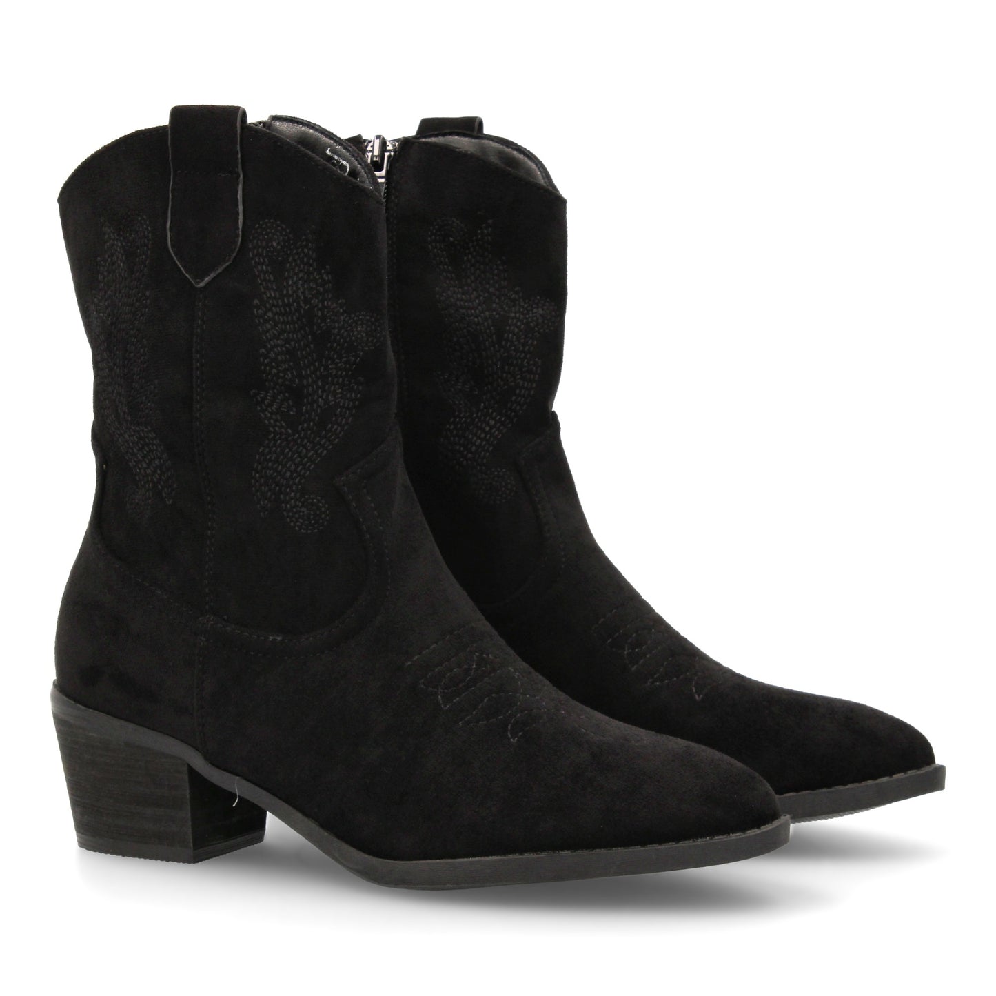 Bota cowboy de caña media con bordados laterales y punta fina. tacón ancho comod
