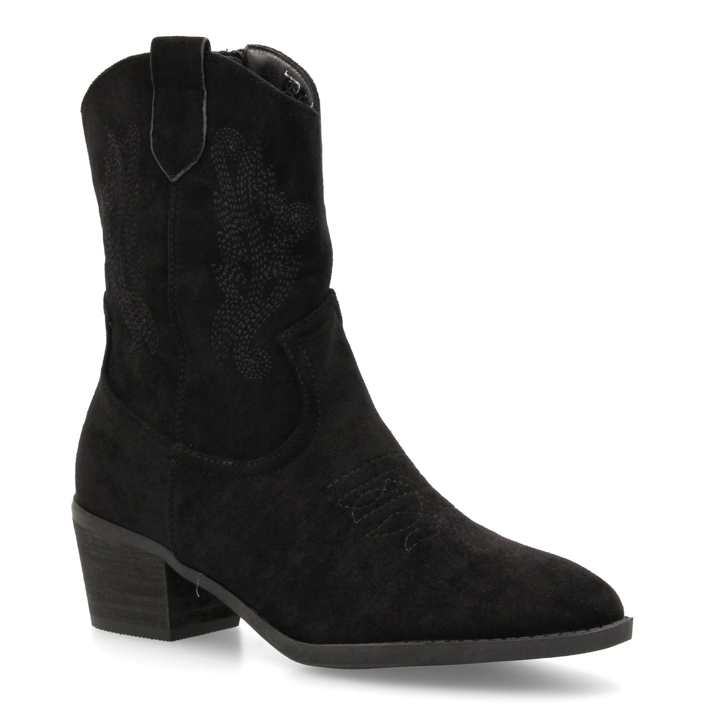 Bota cowboy de caña media con bordados laterales y punta fina. tacón ancho comod