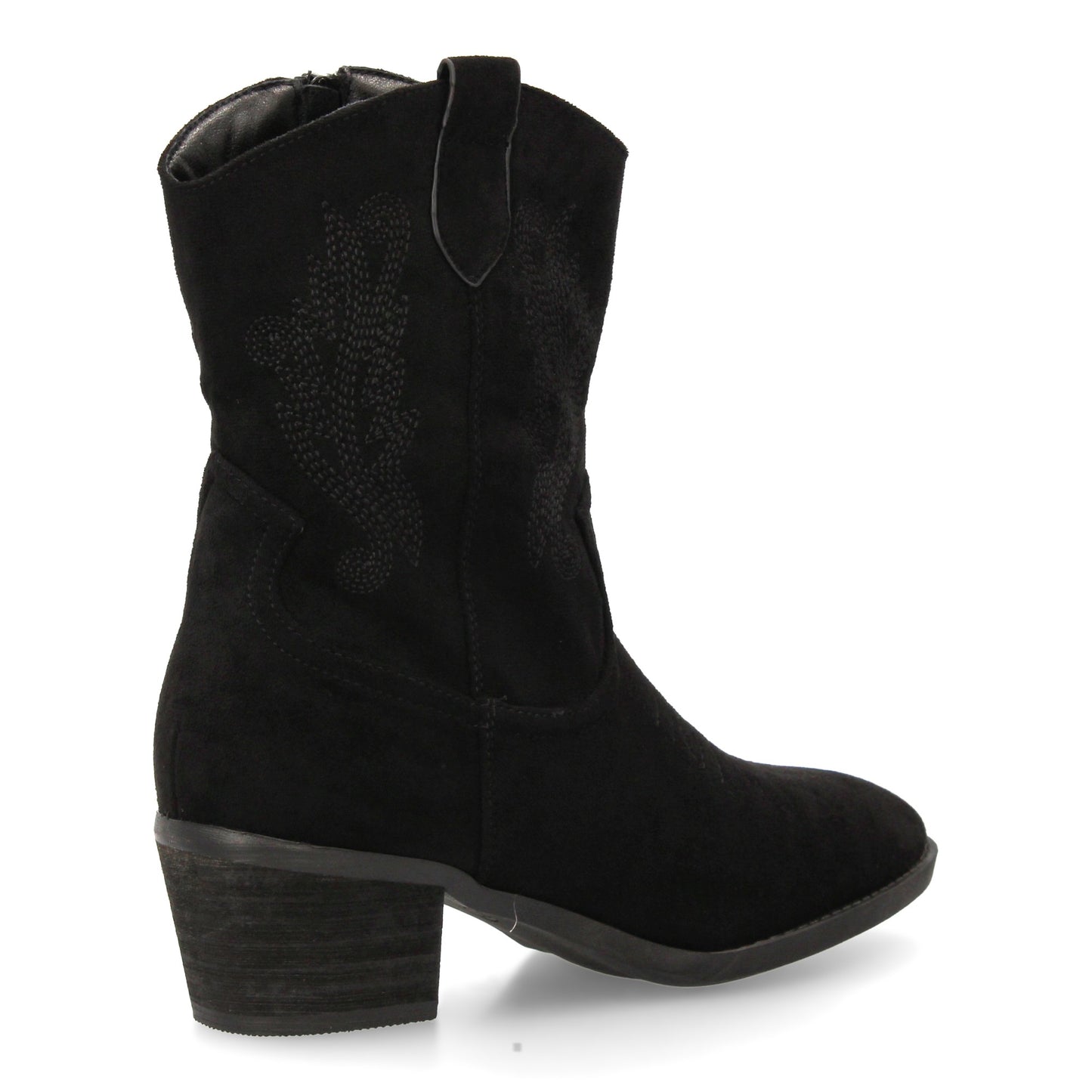 Bota cowboy de caña media con bordados laterales y punta fina. tacón ancho comod