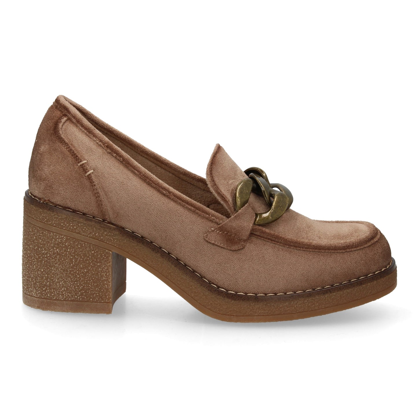 mocasín de mujer con aterciopelado  tacón ancho de altura media  cadena met