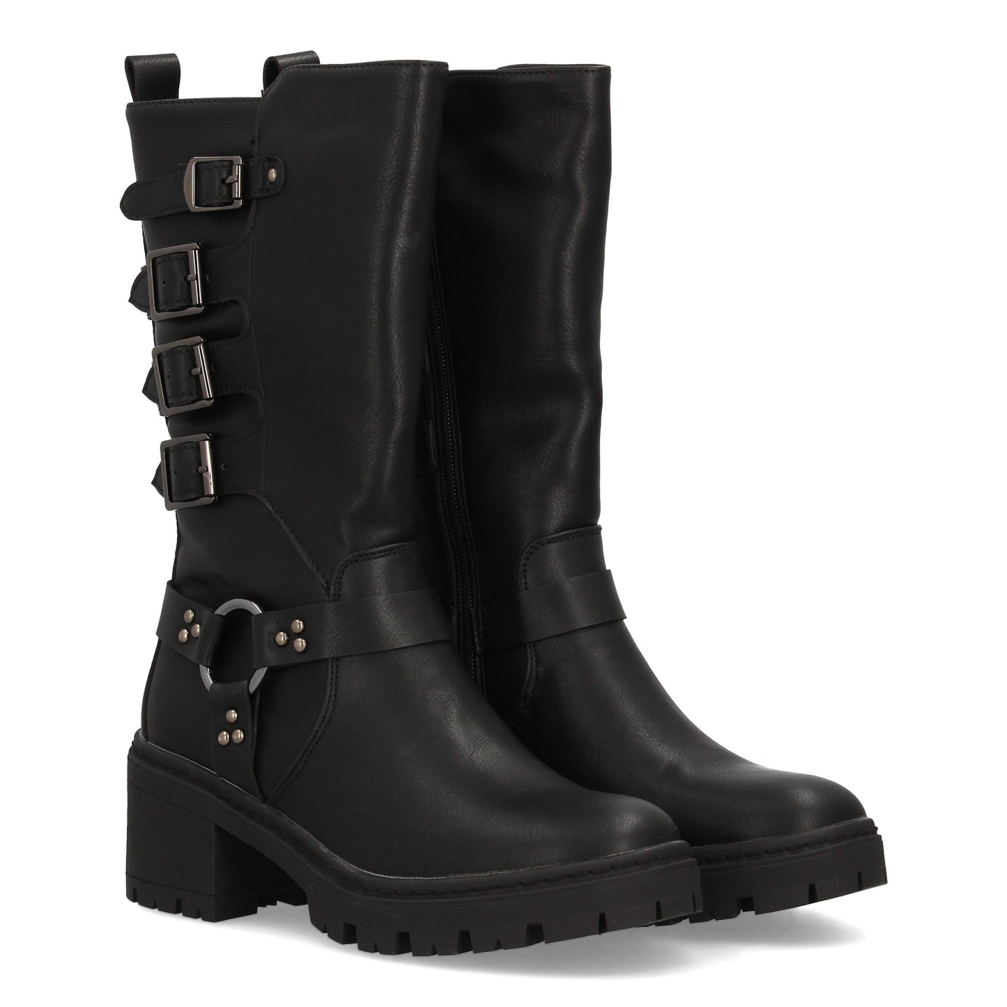 Bota de mujer estilo militar con diseño de caña alta y cuatro hebillas ajus