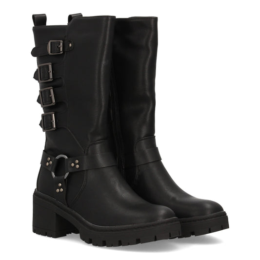 Bota de mujer estilo militar con diseño de caña alta y cuatro hebillas ajus