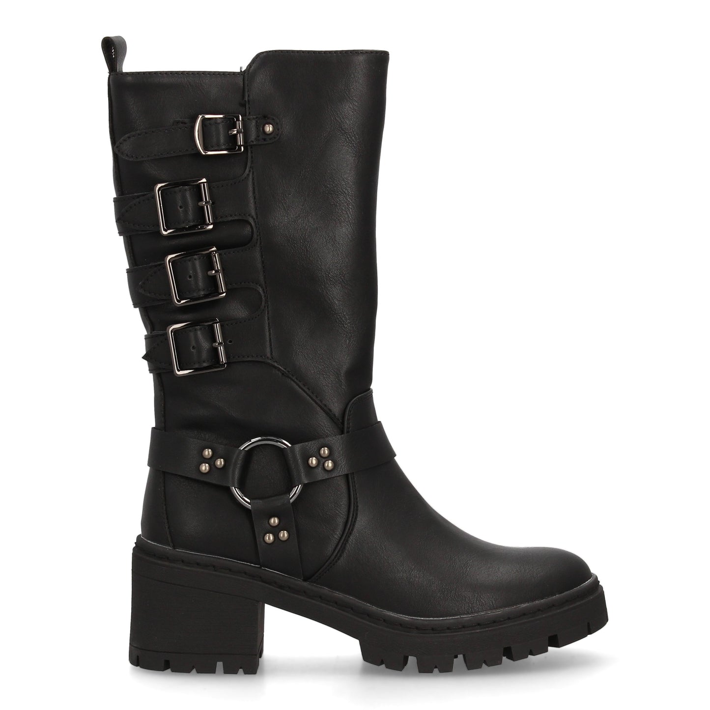 Bota de mujer estilo militar con diseño de caña alta y cuatro hebillas ajus