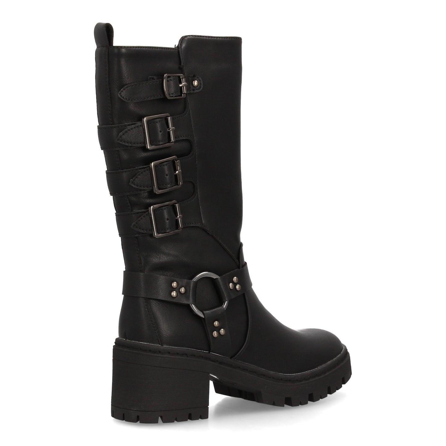 Bota de mujer estilo militar con diseño de caña alta y cuatro hebillas ajus