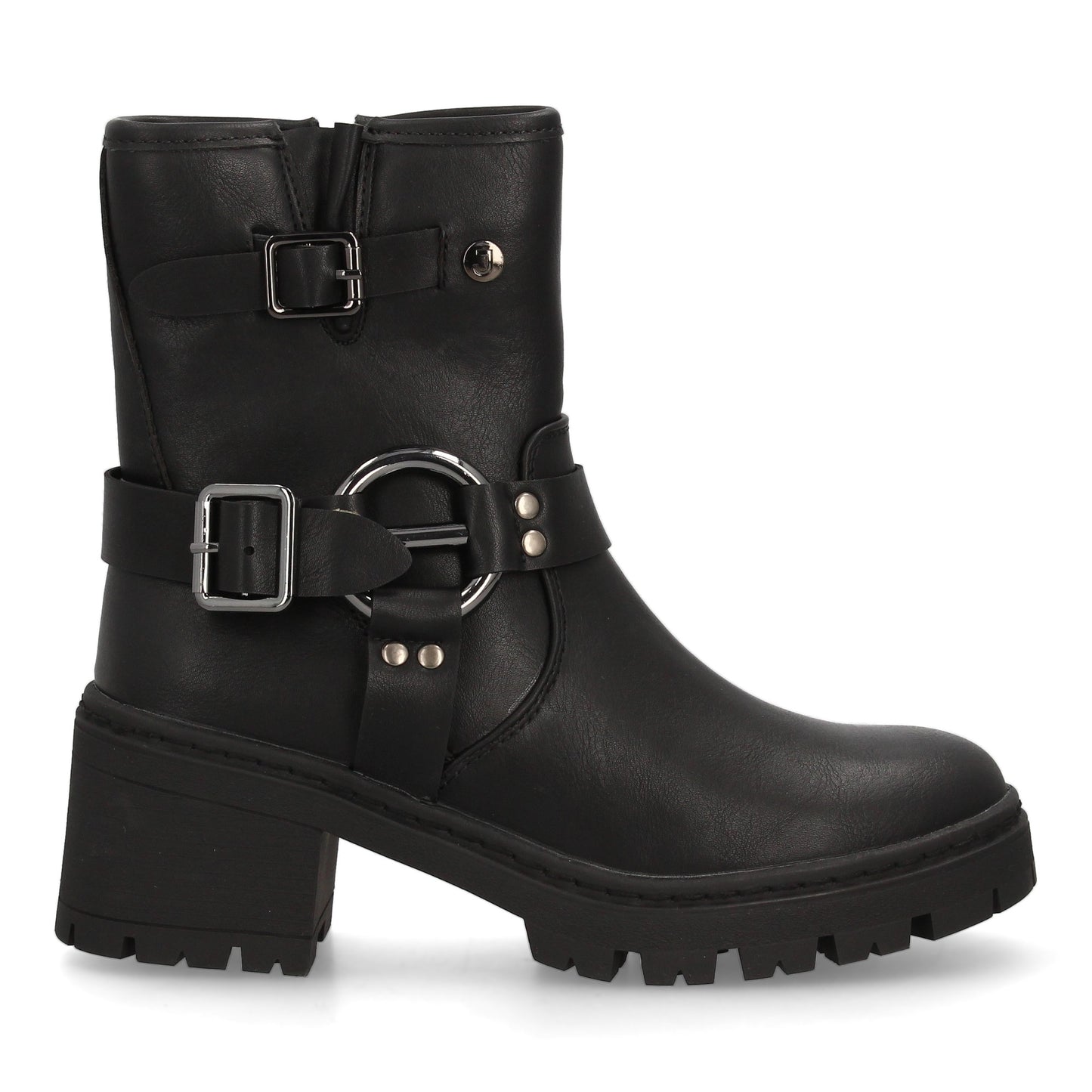 Botín de mujer estilo biker con caña media y cierre lateral de cremallera.