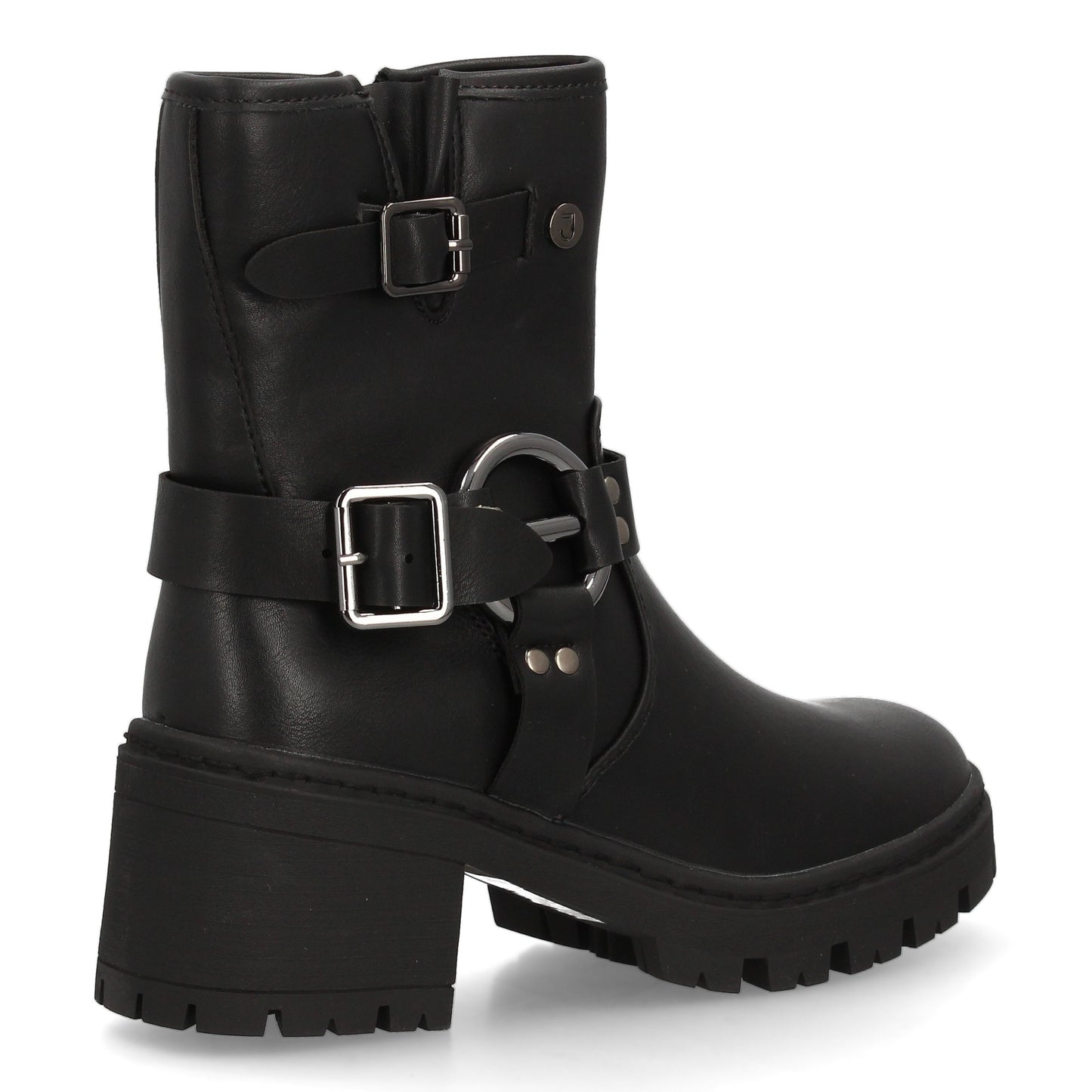 Botín de mujer estilo biker con caña media y cierre lateral de cremallera.