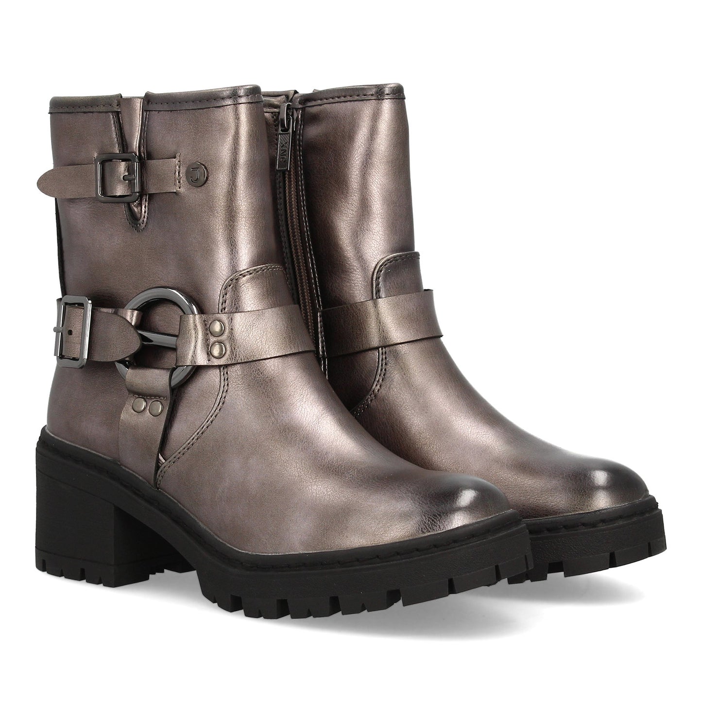 Botín de mujer estilo biker con caña media y cierre lateral de cremallera.