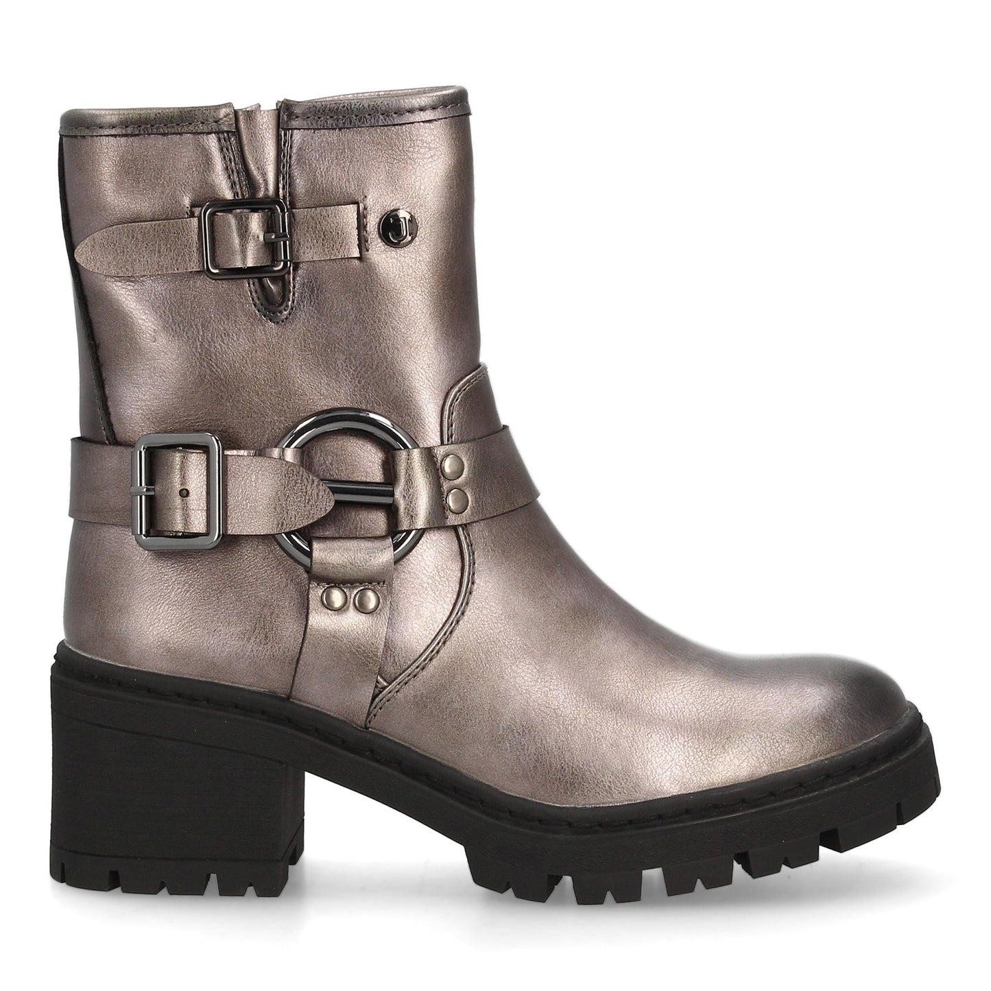 Botín de mujer estilo biker con caña media y cierre lateral de cremallera.