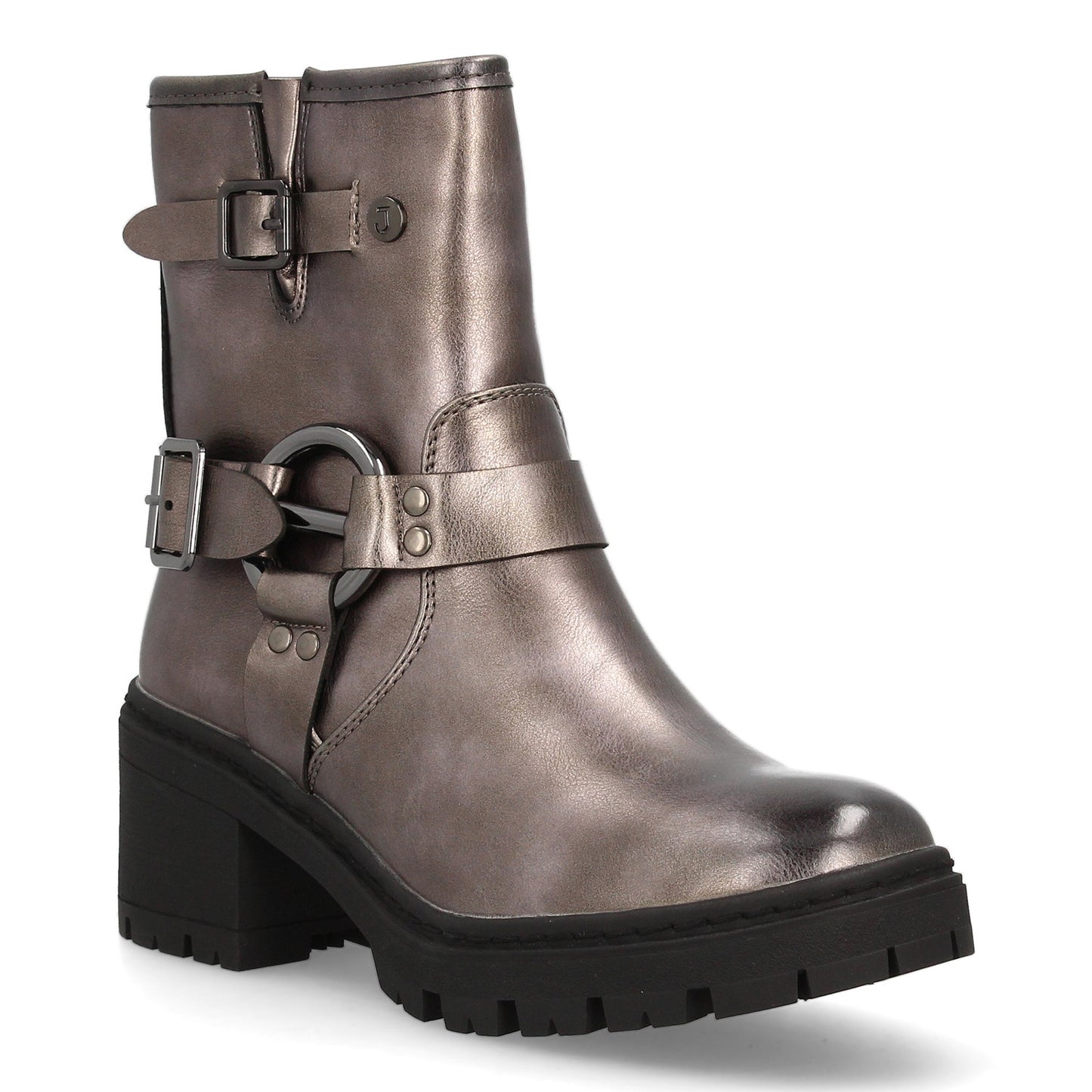 Botín de mujer estilo biker con caña media y cierre lateral de cremallera.