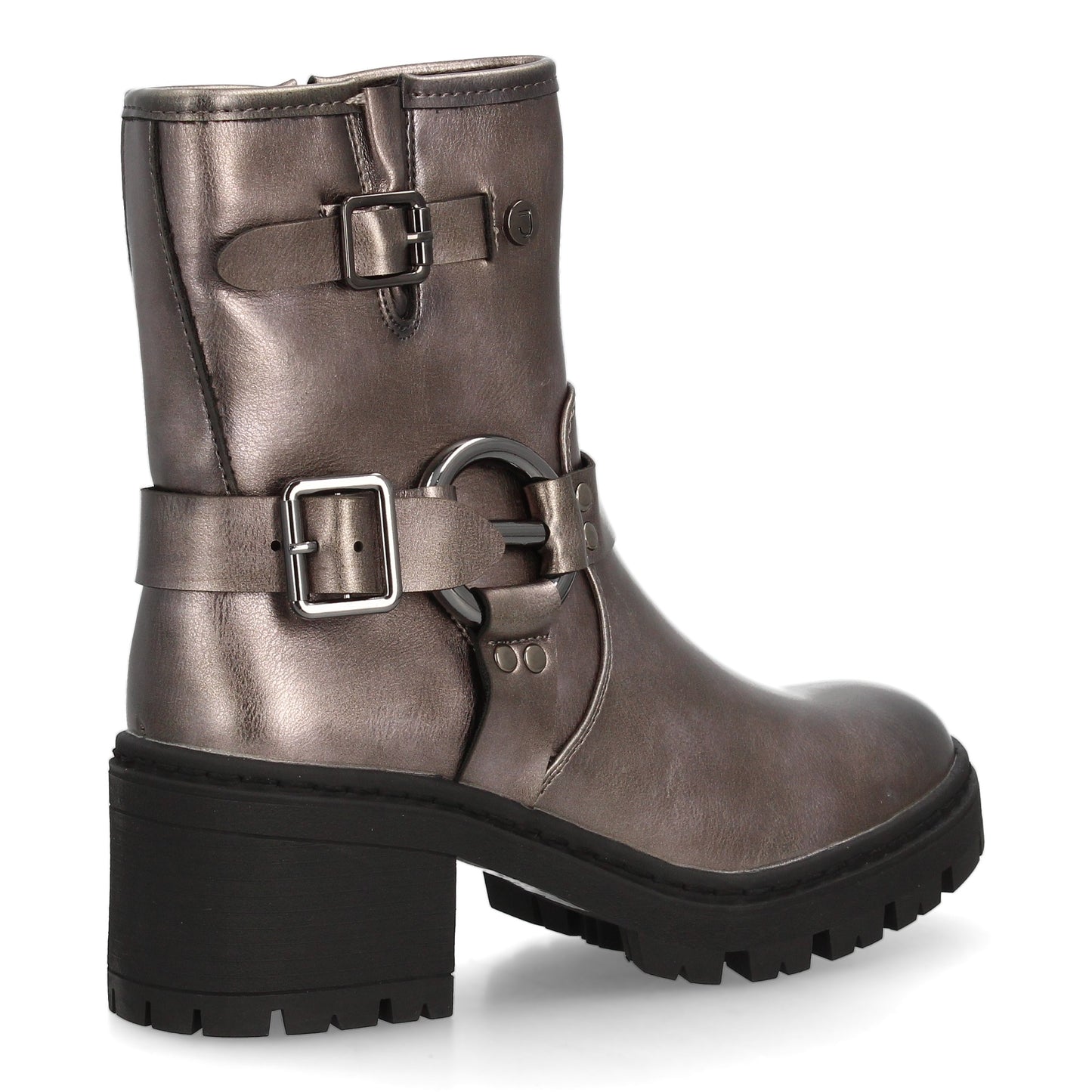 Botín de mujer estilo biker con caña media y cierre lateral de cremallera.