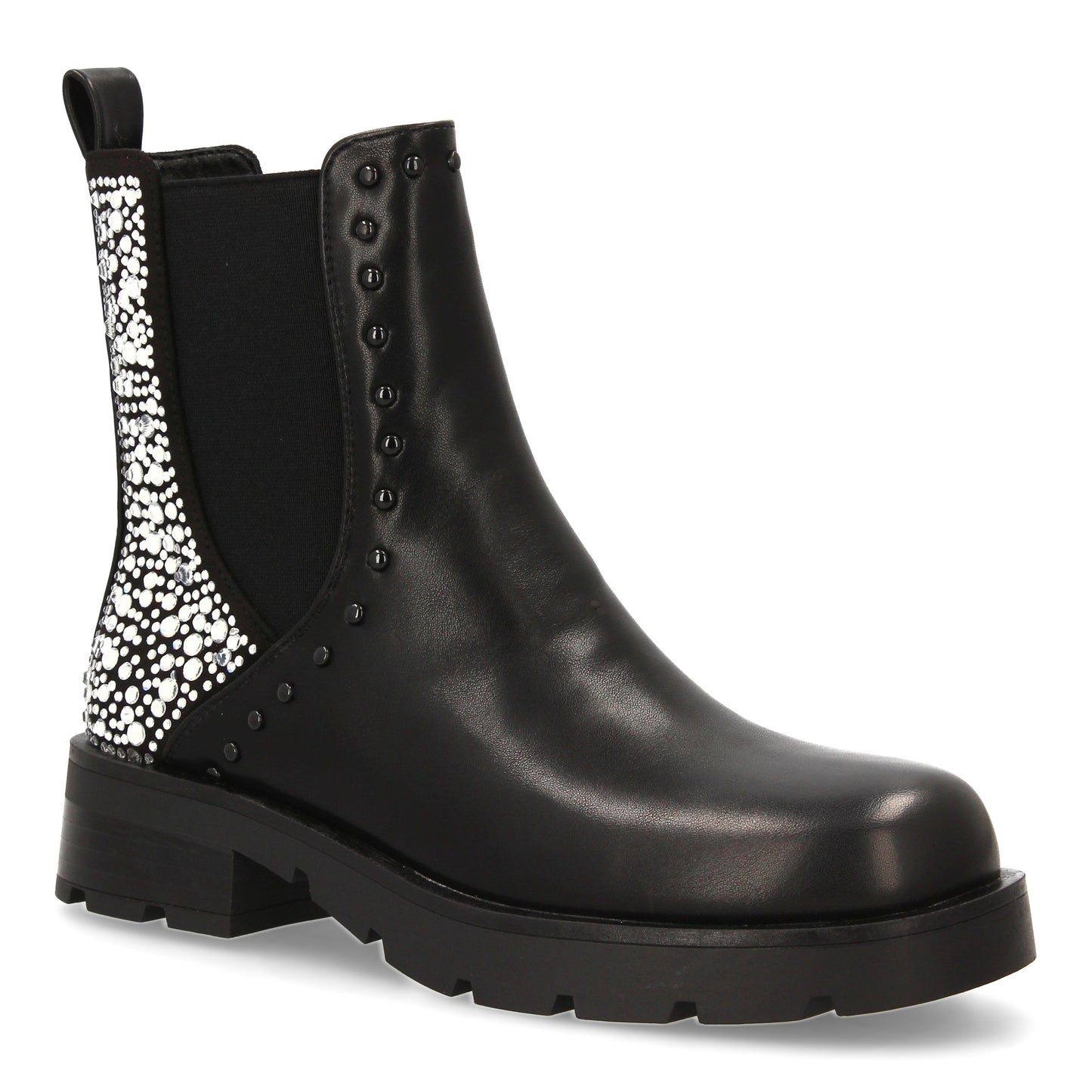 Botín chelsea con estampado liso. Tachulelas brillantes en e