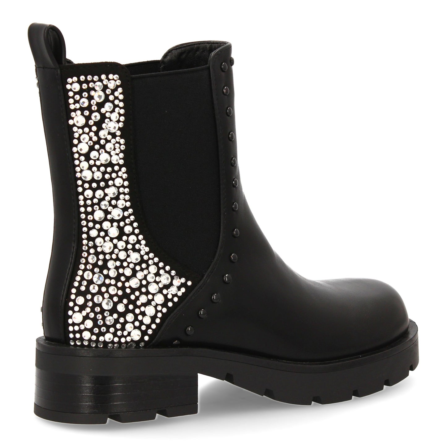 Botín chelsea con estampado liso. Tachulelas brillantes en e