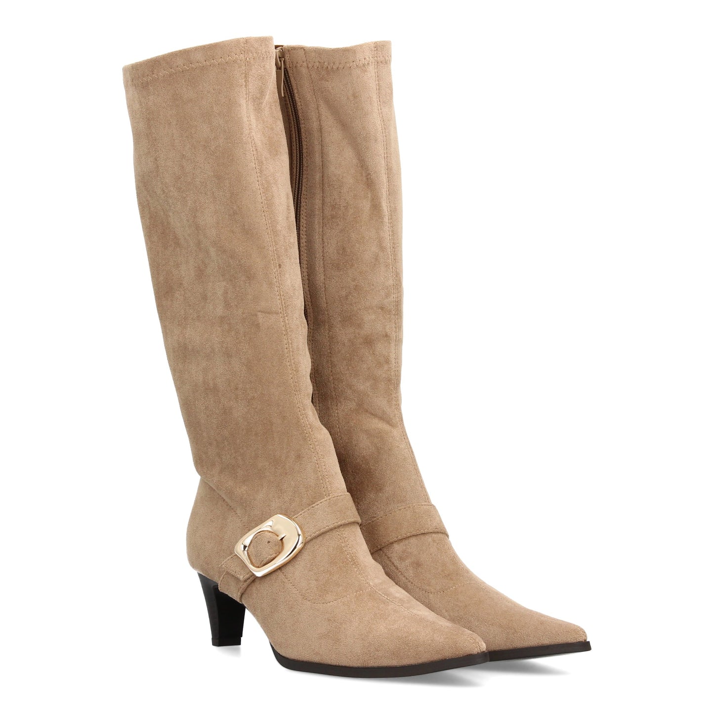 Bota alta para mujer con punta fina y tacón  estampado liso elegante. Hebil