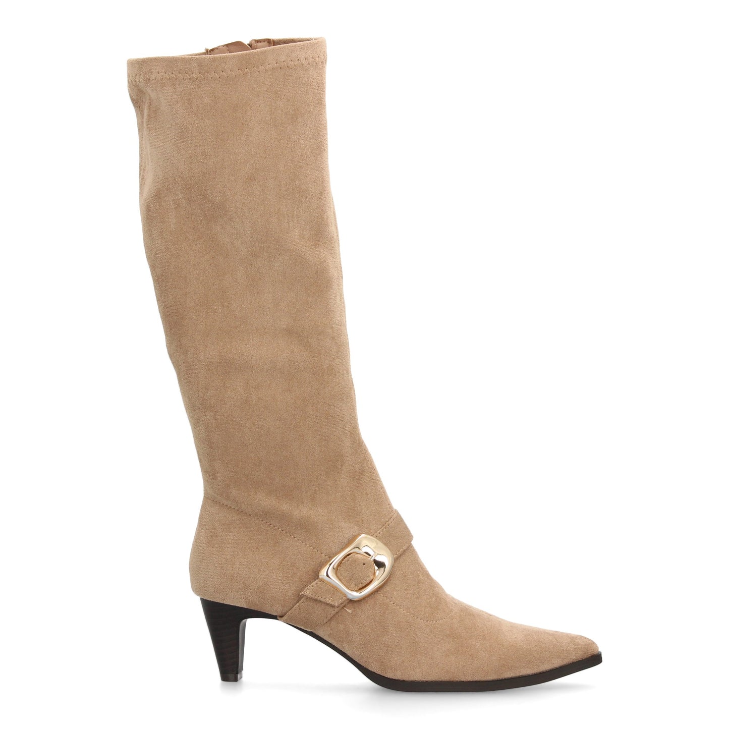 Bota alta para mujer con punta fina y tacón  estampado liso elegante. Hebil