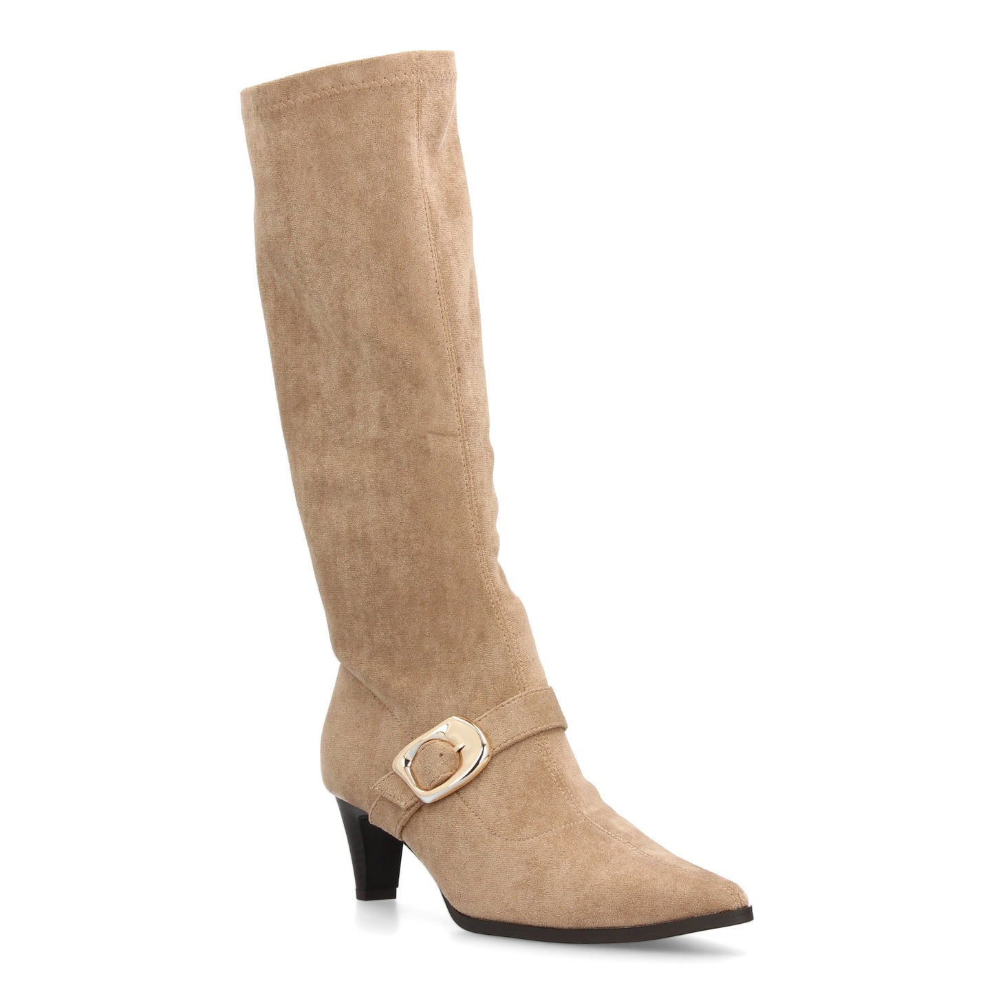Bota alta para mujer con punta fina y tacón  estampado liso elegante. Hebil