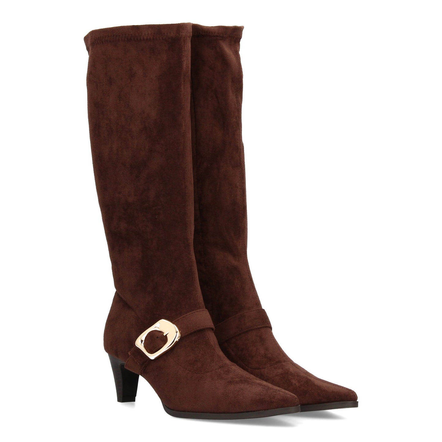 Bota alta para mujer con punta fina y tacón  estampado liso elegante. Hebil