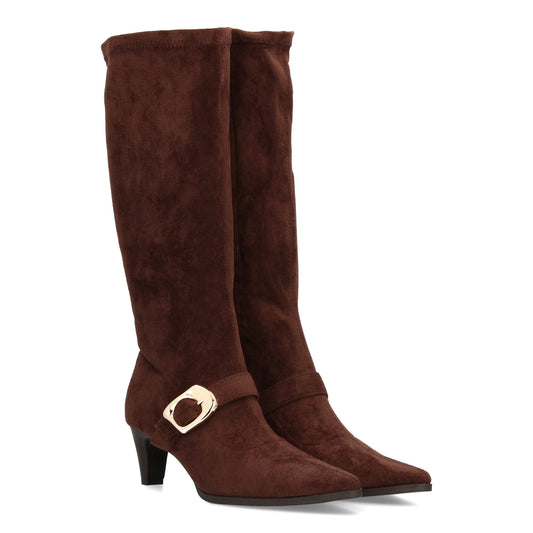 Bota alta para mujer con punta fina y tacón  estampado liso elegante. Hebil