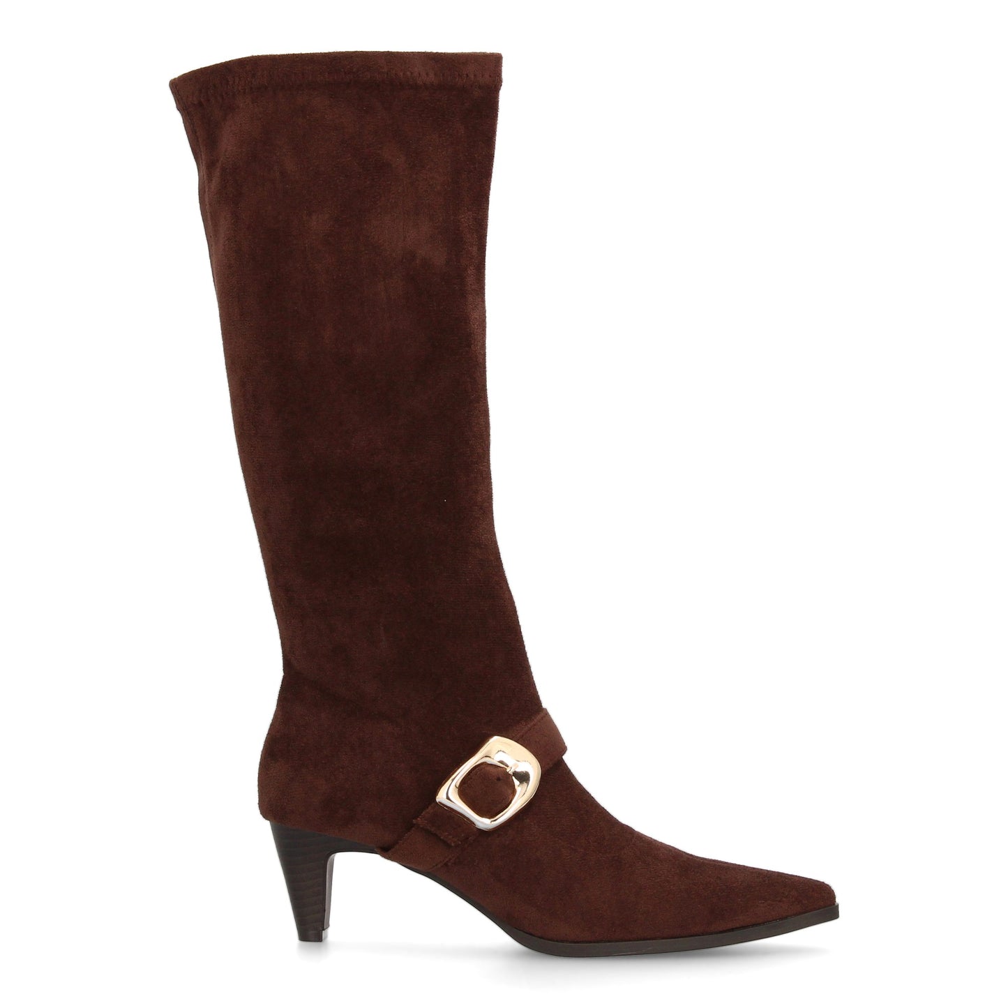 Bota alta para mujer con punta fina y tacón  estampado liso elegante. Hebil