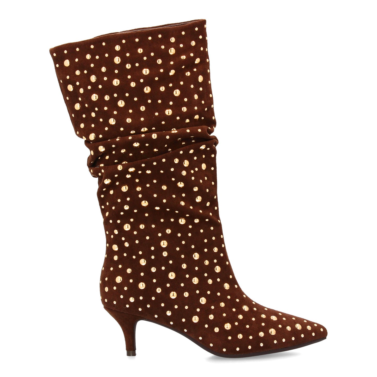 Bota de mujer de caña arrugada decorada con tachuelas metálicas brillantes