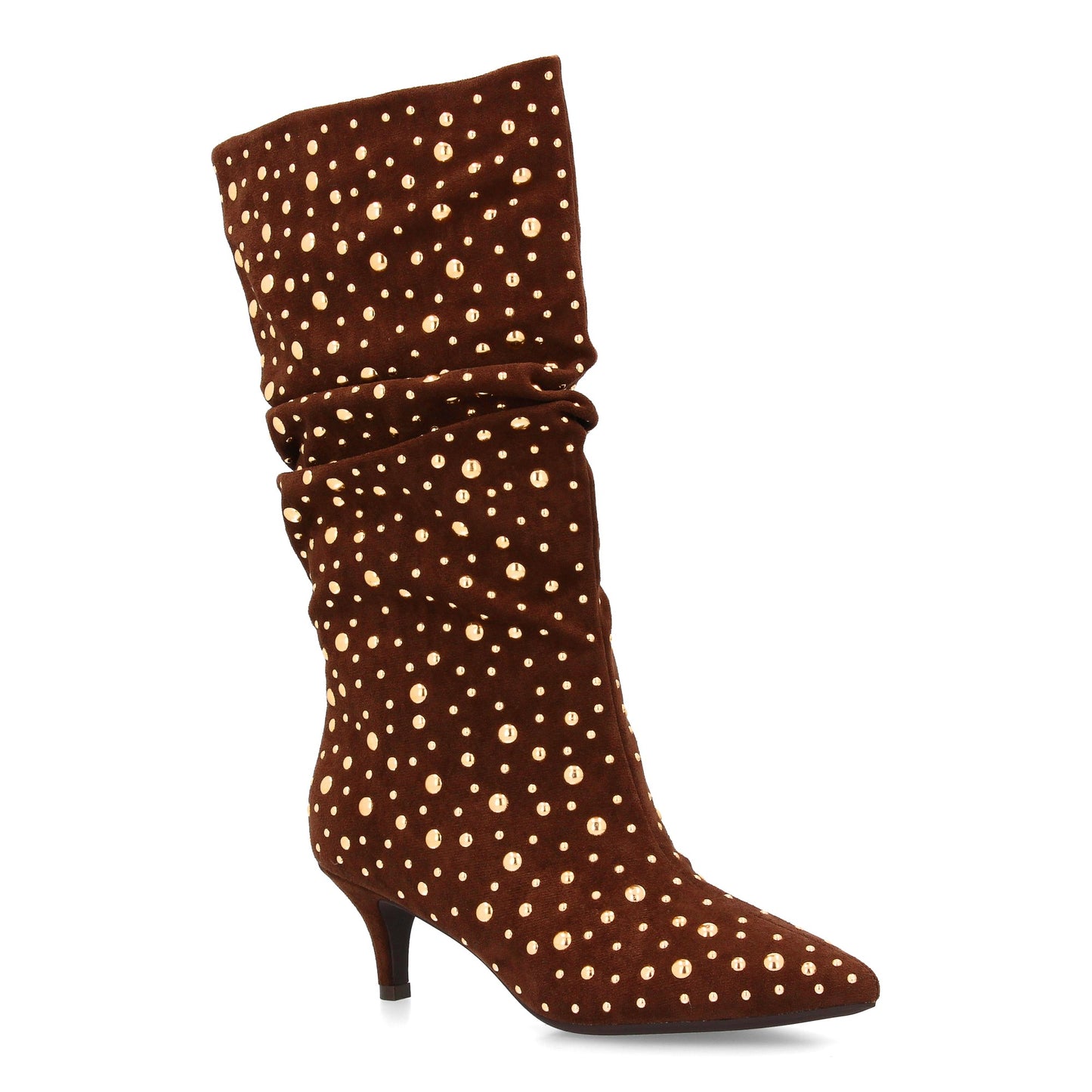 Bota de mujer de caña arrugada decorada con tachuelas metálicas brillantes