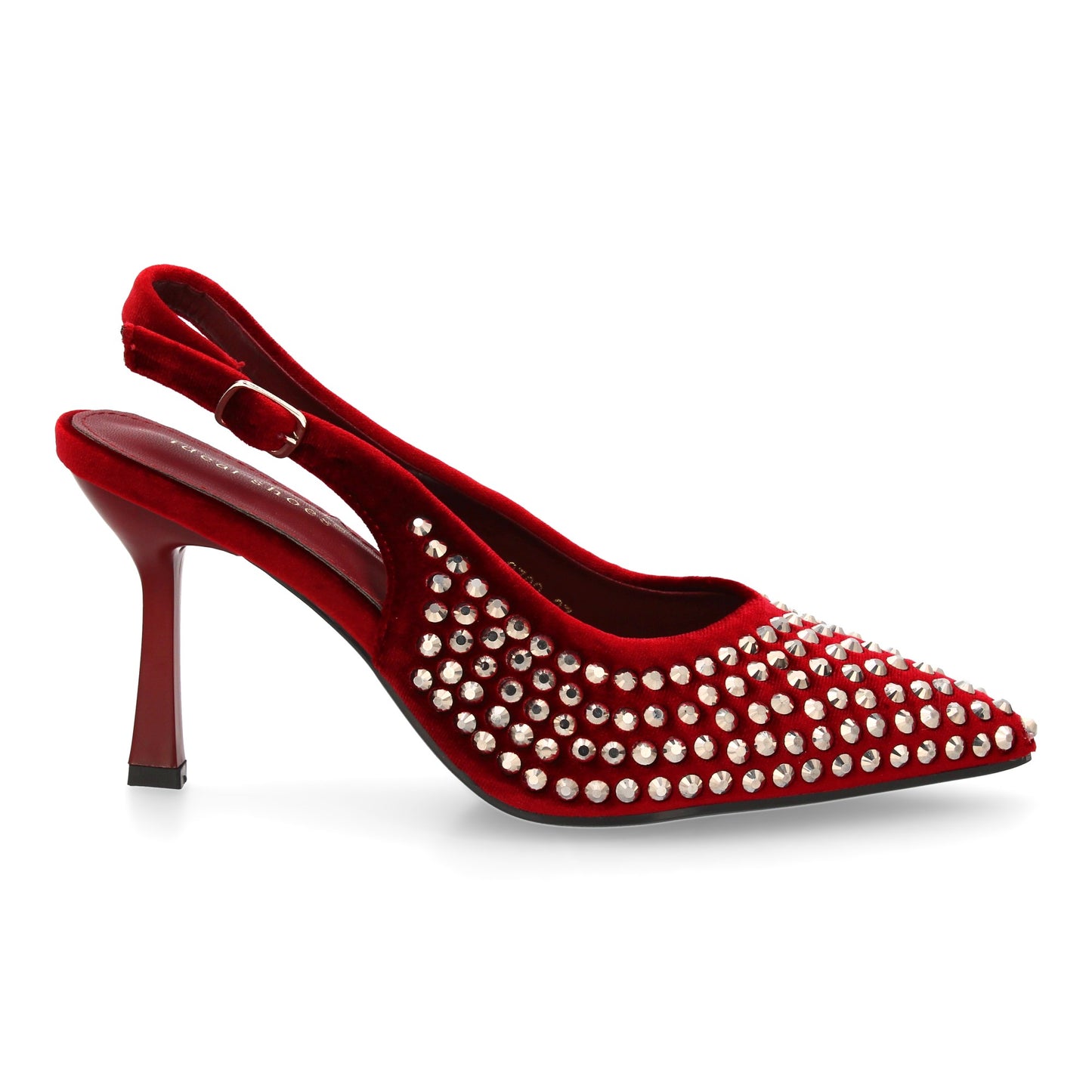Zapatos de salón elegante con punta fina y pedreria  tacon fino y cierre de hebi
