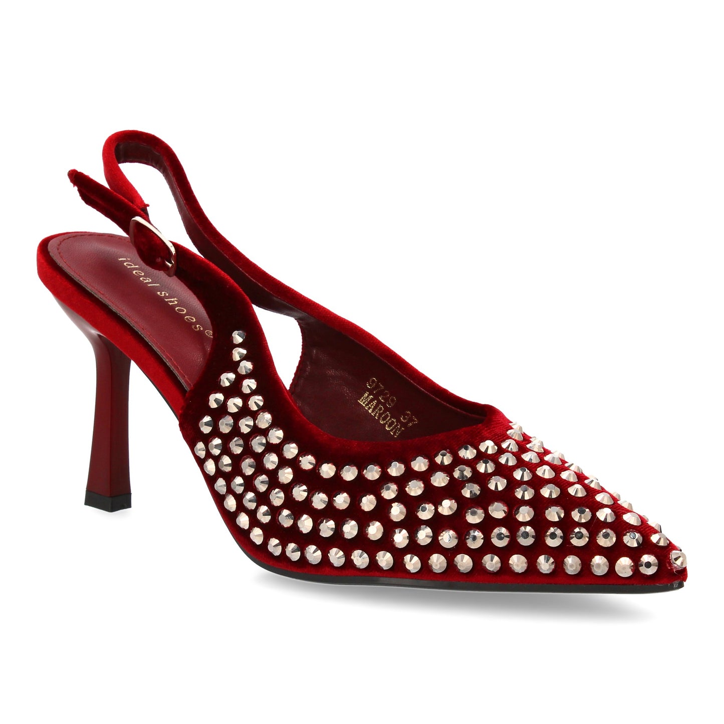 Zapatos de salón elegante con punta fina y pedreria  tacon fino y cierre de hebi