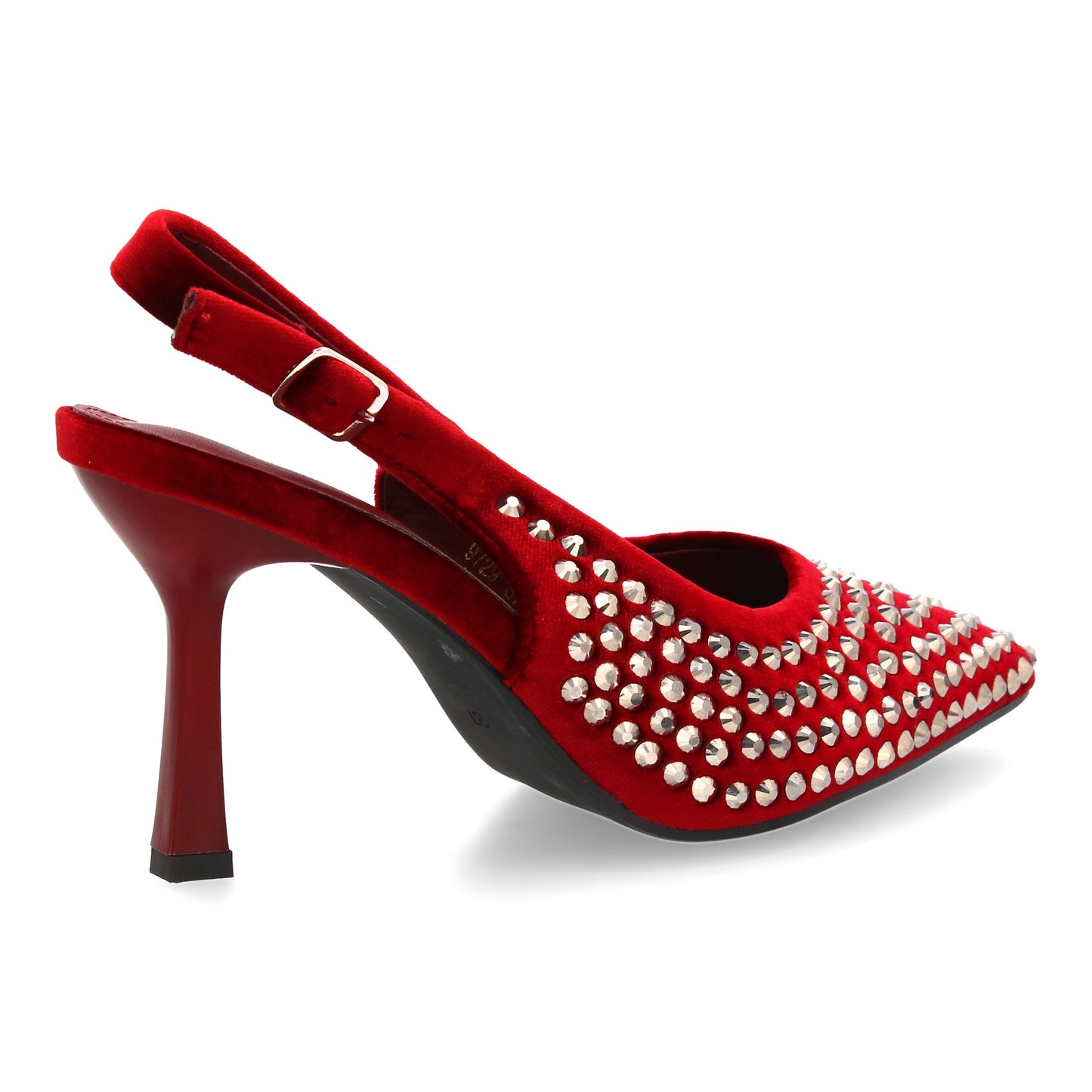 Zapatos de salón elegante con punta fina y pedreria  tacon fino y cierre de hebi
