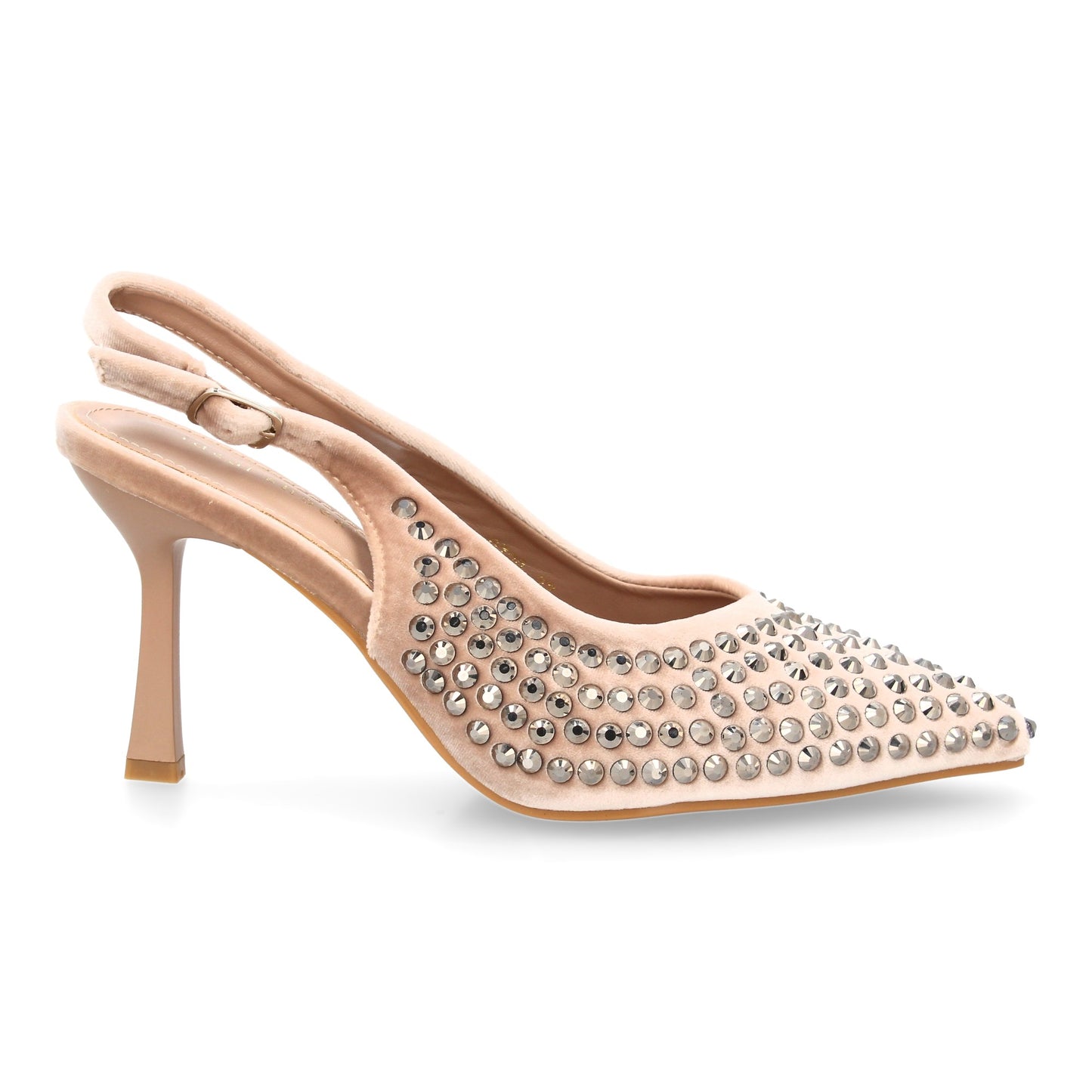 Zapatos de salón elegante con punta fina y pedreria  tacon fino y cierre de hebi