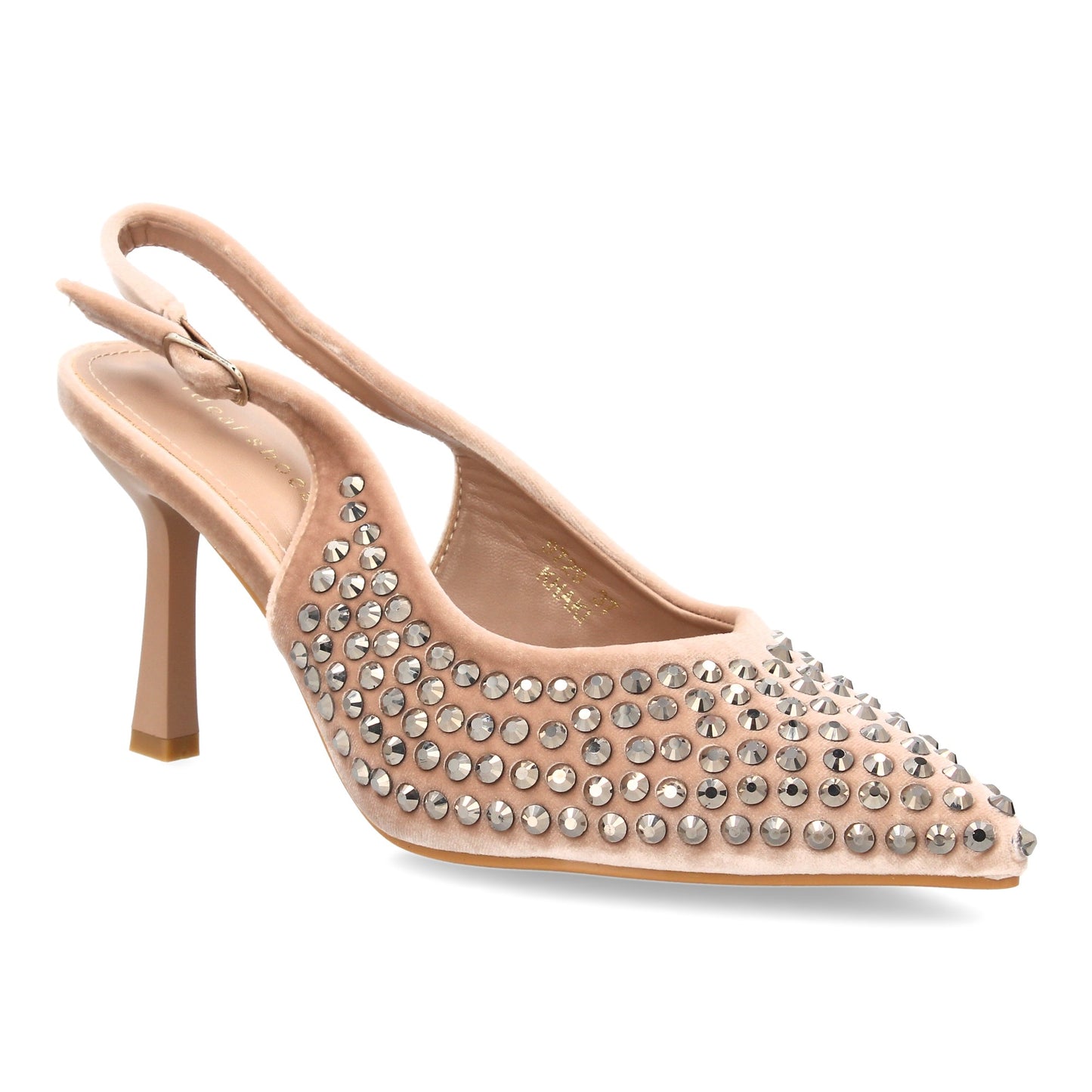 Zapatos de salón elegante con punta fina y pedreria  tacon fino y cierre de hebi