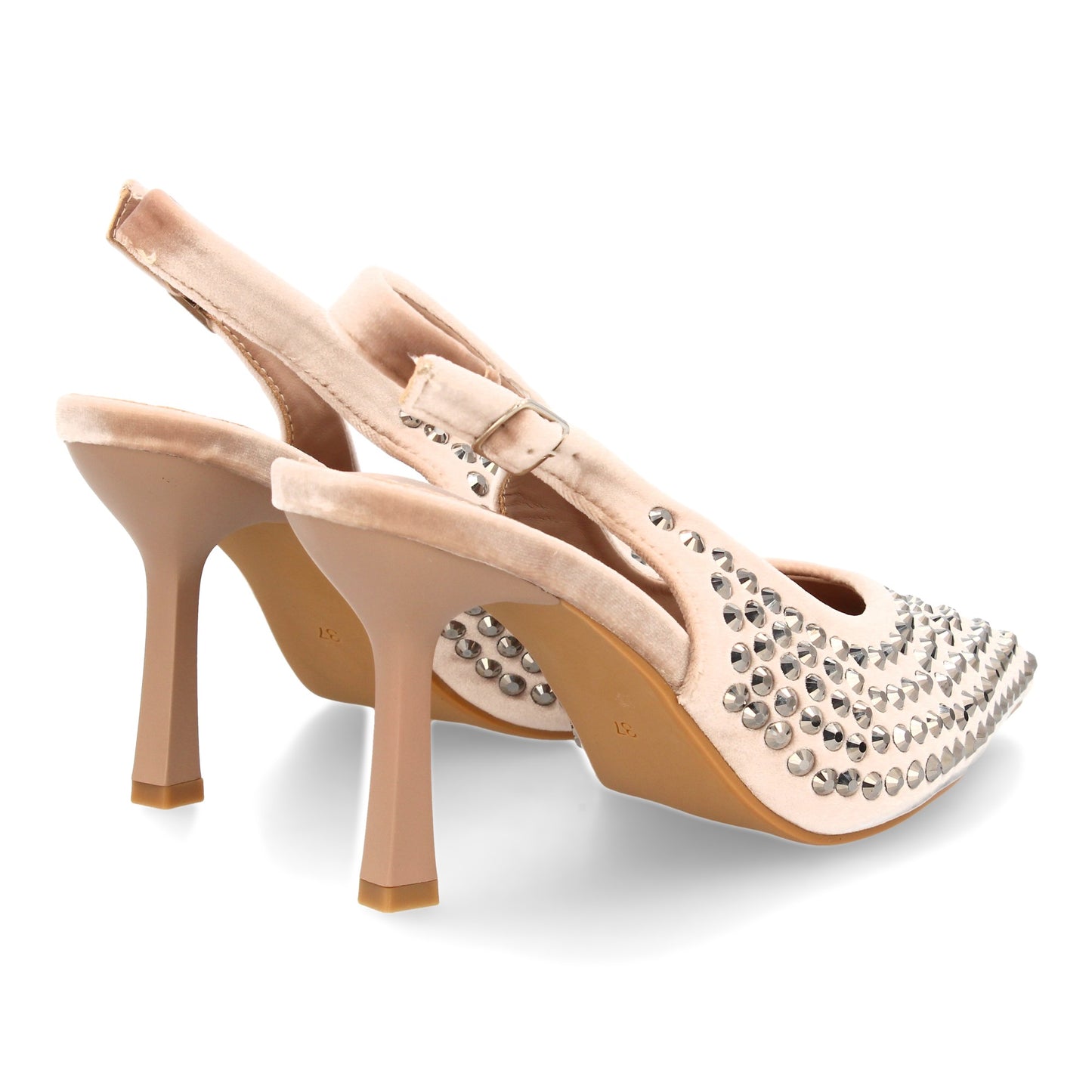 Zapatos de salón elegante con punta fina y pedreria  tacon fino y cierre de hebi