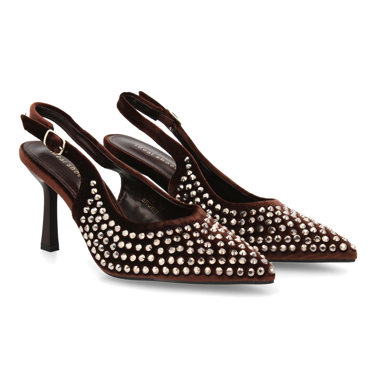 Zapatos de salón elegante con punta fina y pedreria  tacon fino y cierre de hebi