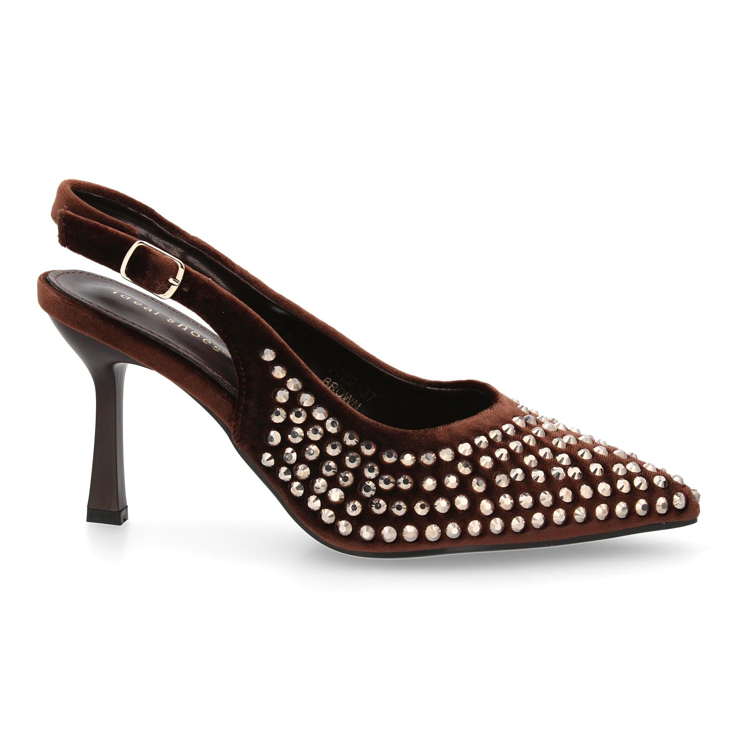 Zapatos de salón elegante con punta fina y pedreria  tacon fino y cierre de hebi