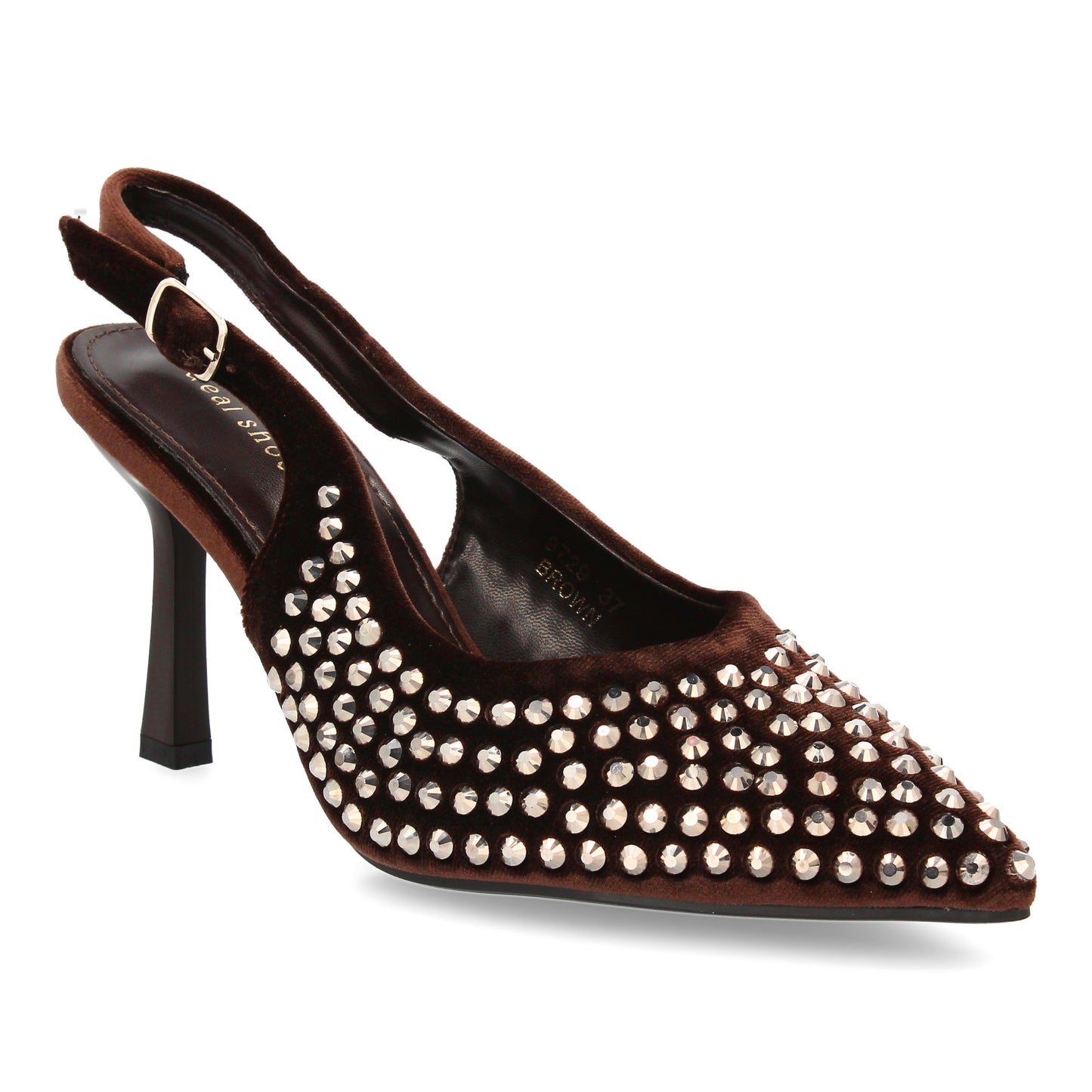 Zapatos de salón elegante con punta fina y pedreria  tacon fino y cierre de hebi