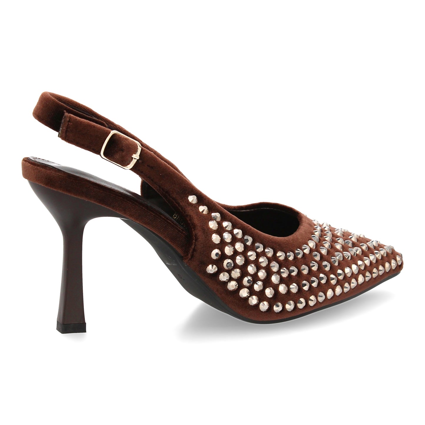 Zapatos de salón elegante con punta fina y pedreria  tacon fino y cierre de hebi