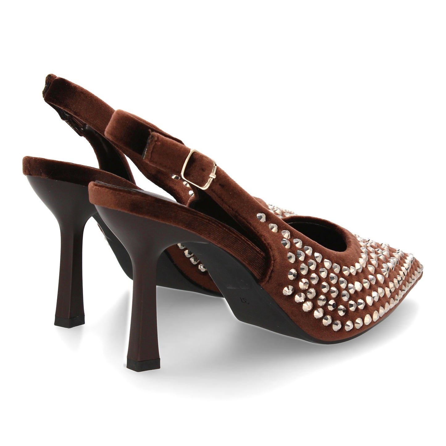 Zapatos de salón elegante con punta fina y pedreria  tacon fino y cierre de hebi